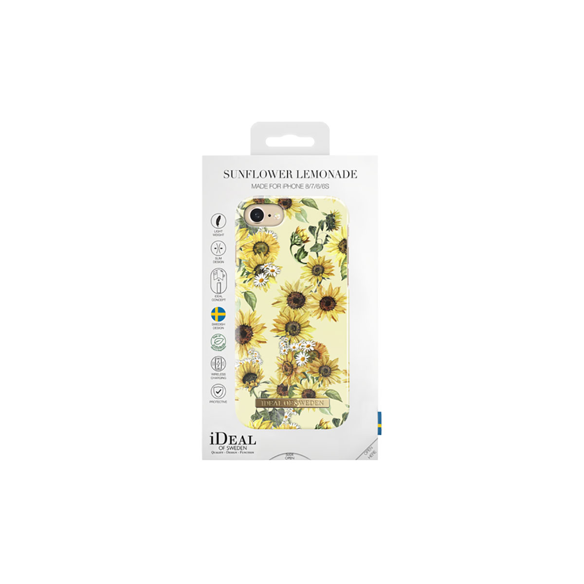 Custodia per telefono con girasoli in una scatola con testo.