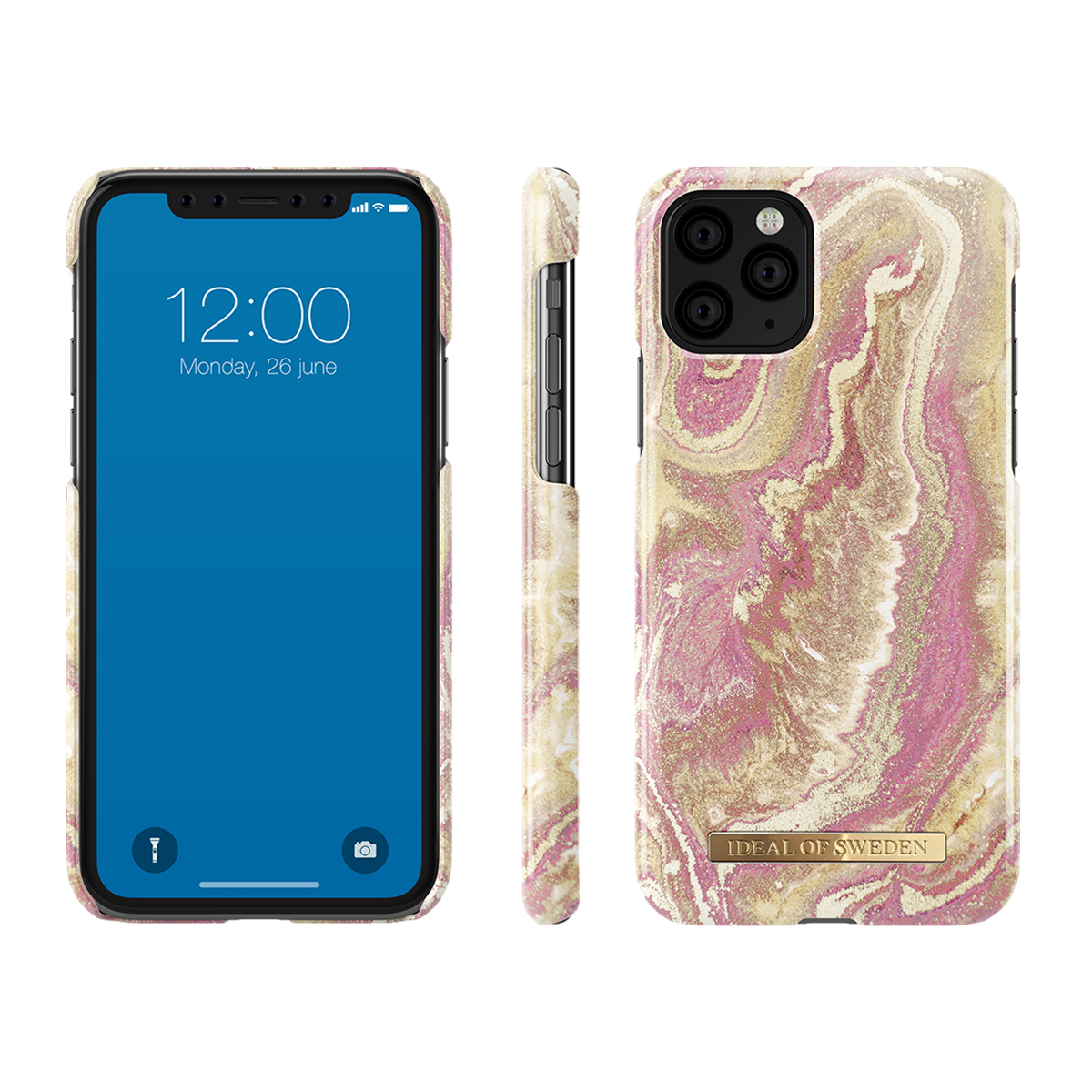 Telefono con custodia a design marmoreo rosa e oro. Mostra ora e data. Vista laterale della custodia.