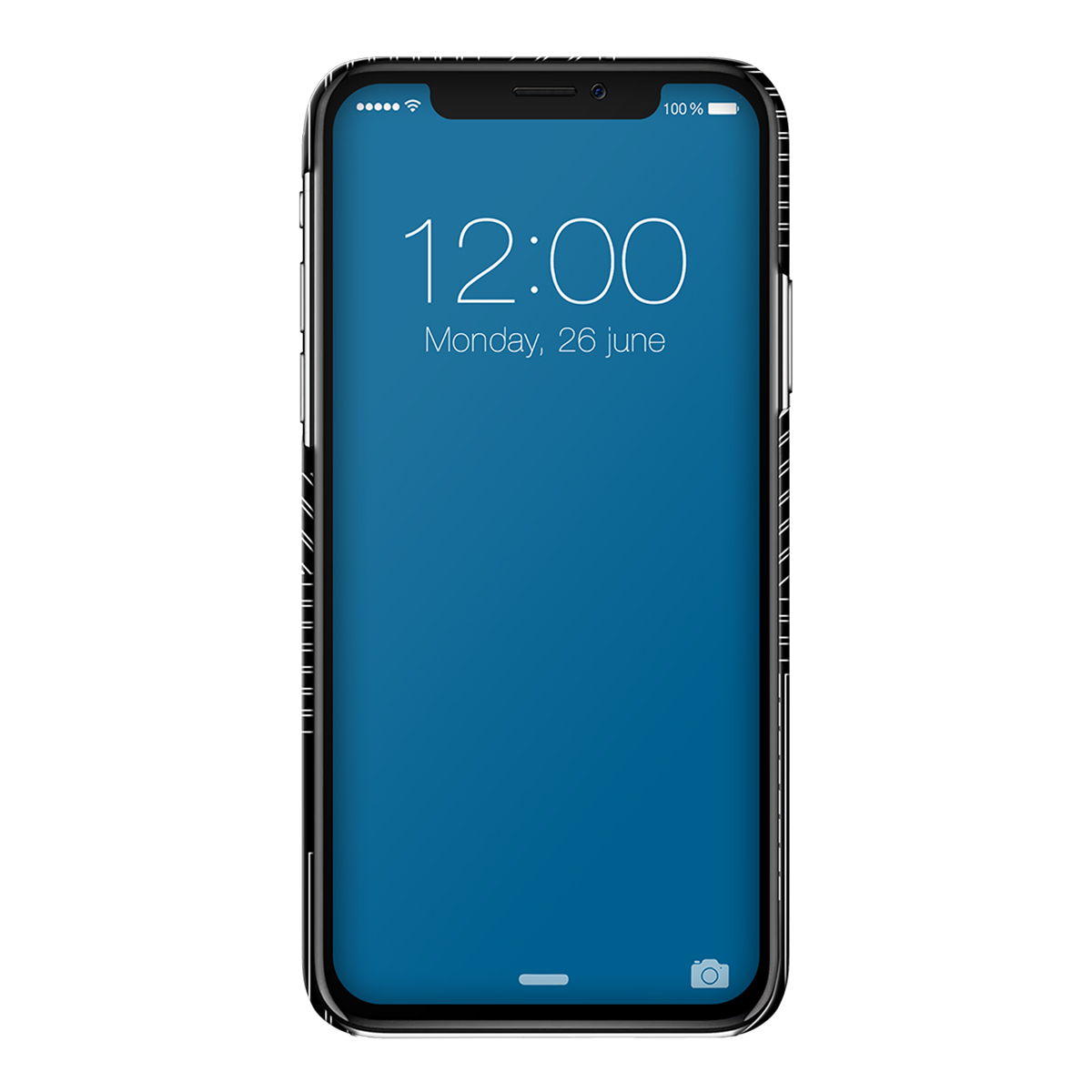 Telefono con schermo blu vuoto. Mostra l'ora, la data e la percentuale della batteria.