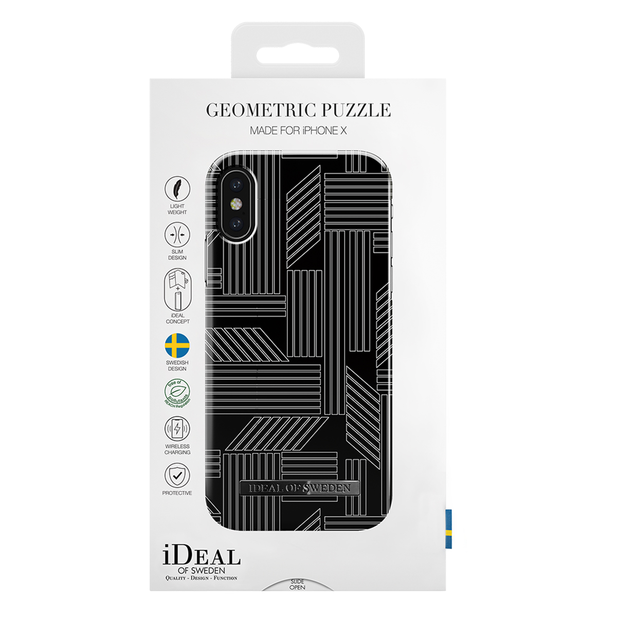 Custodia per telefono confezionata in una scatola. La scatola presenta un motivo geometrico bianco e nero.