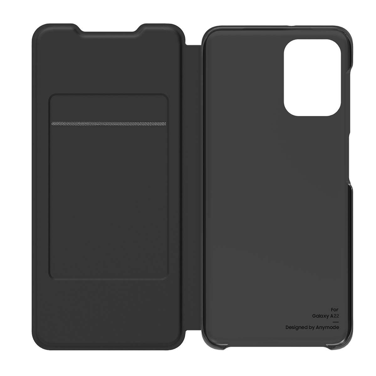 Una custodia per telefono nera, aperta, con uno slot per schede e un ritaglio per un Galaxy A22.