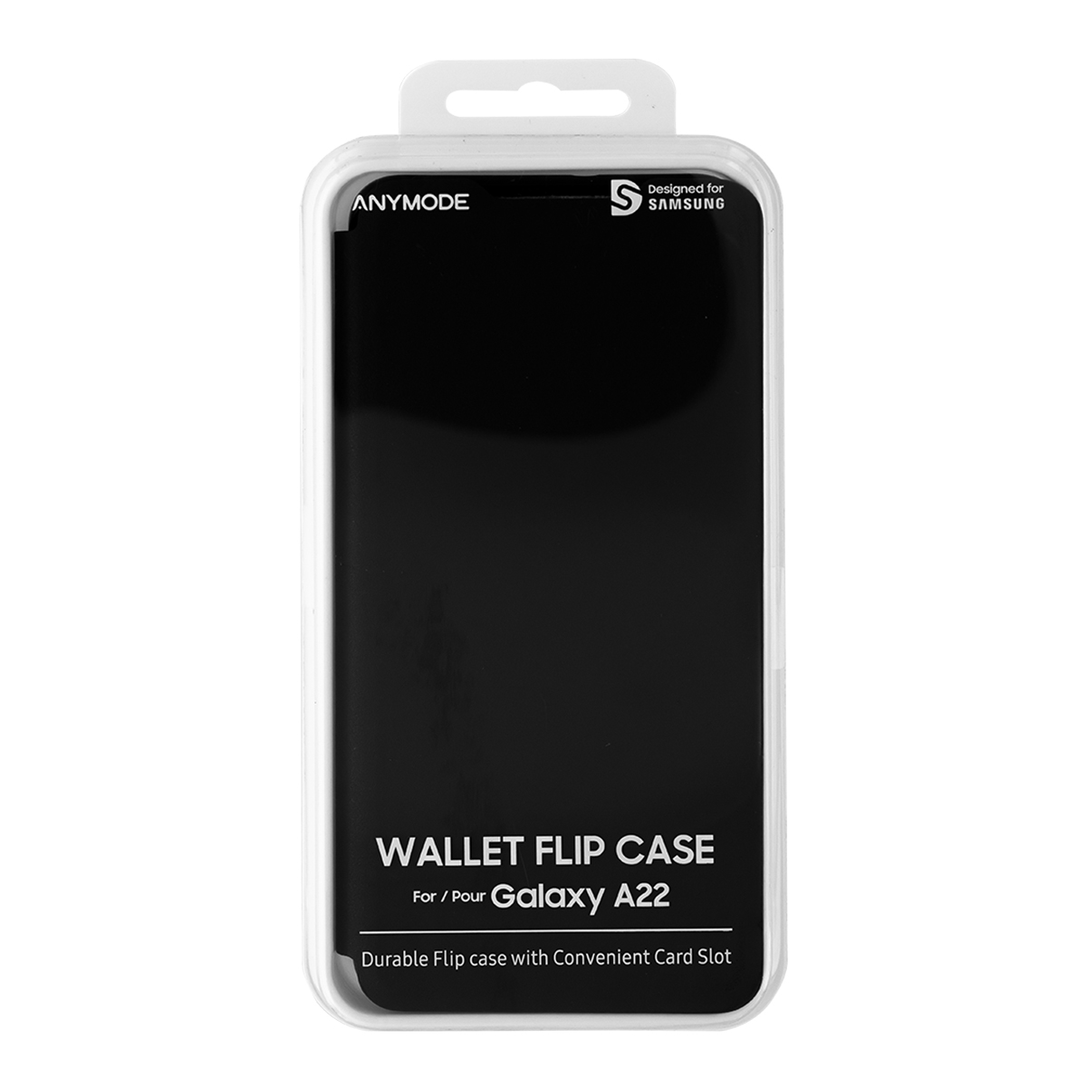 Una confezione trasparente in plastica per custodia del telefono con una custodia nera all'interno. Il marchio 'ANYMODE' è visibile.