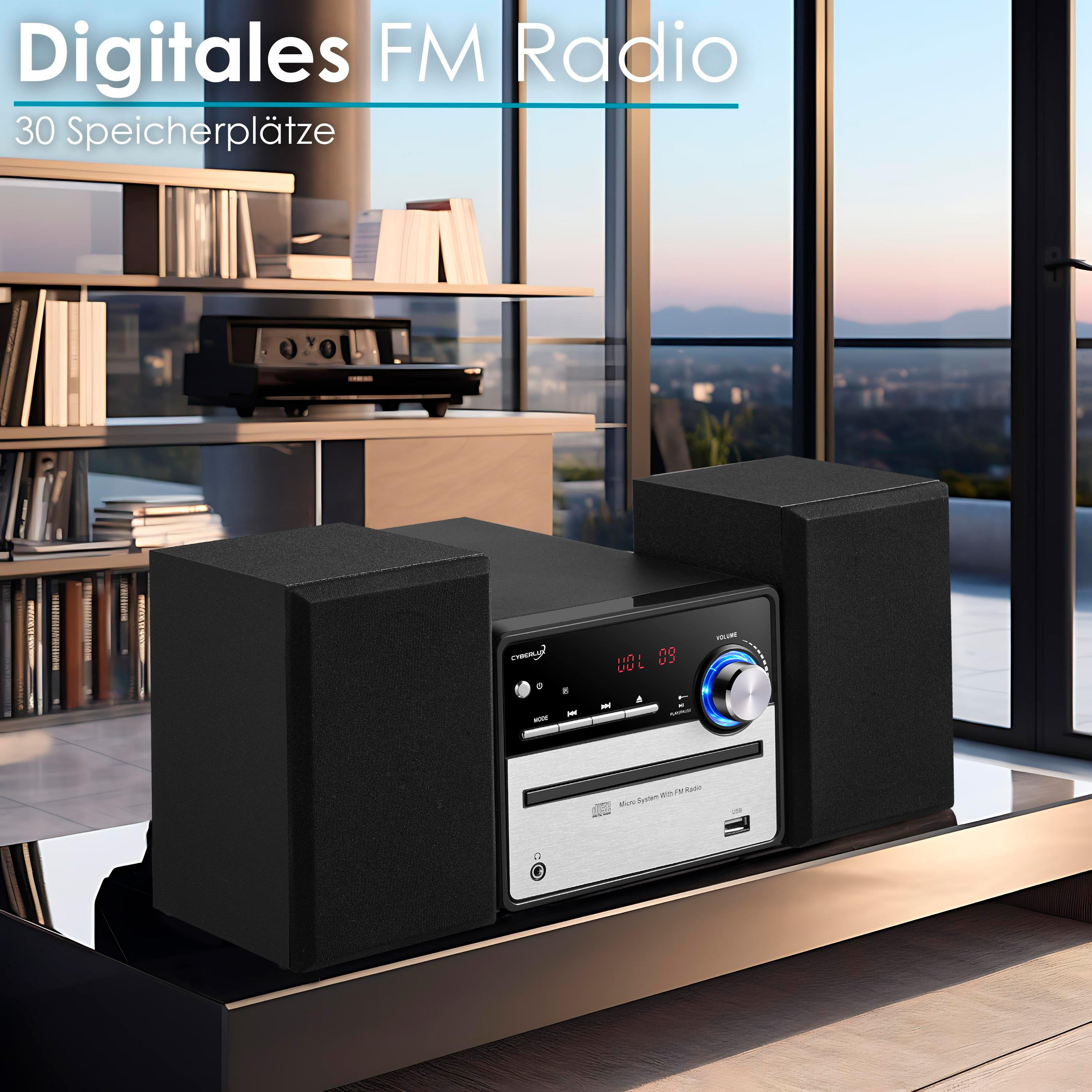 Ein schwarzes Stereoanlage mit Lautsprechern und einem digitalen UKW-Radio-Display.
