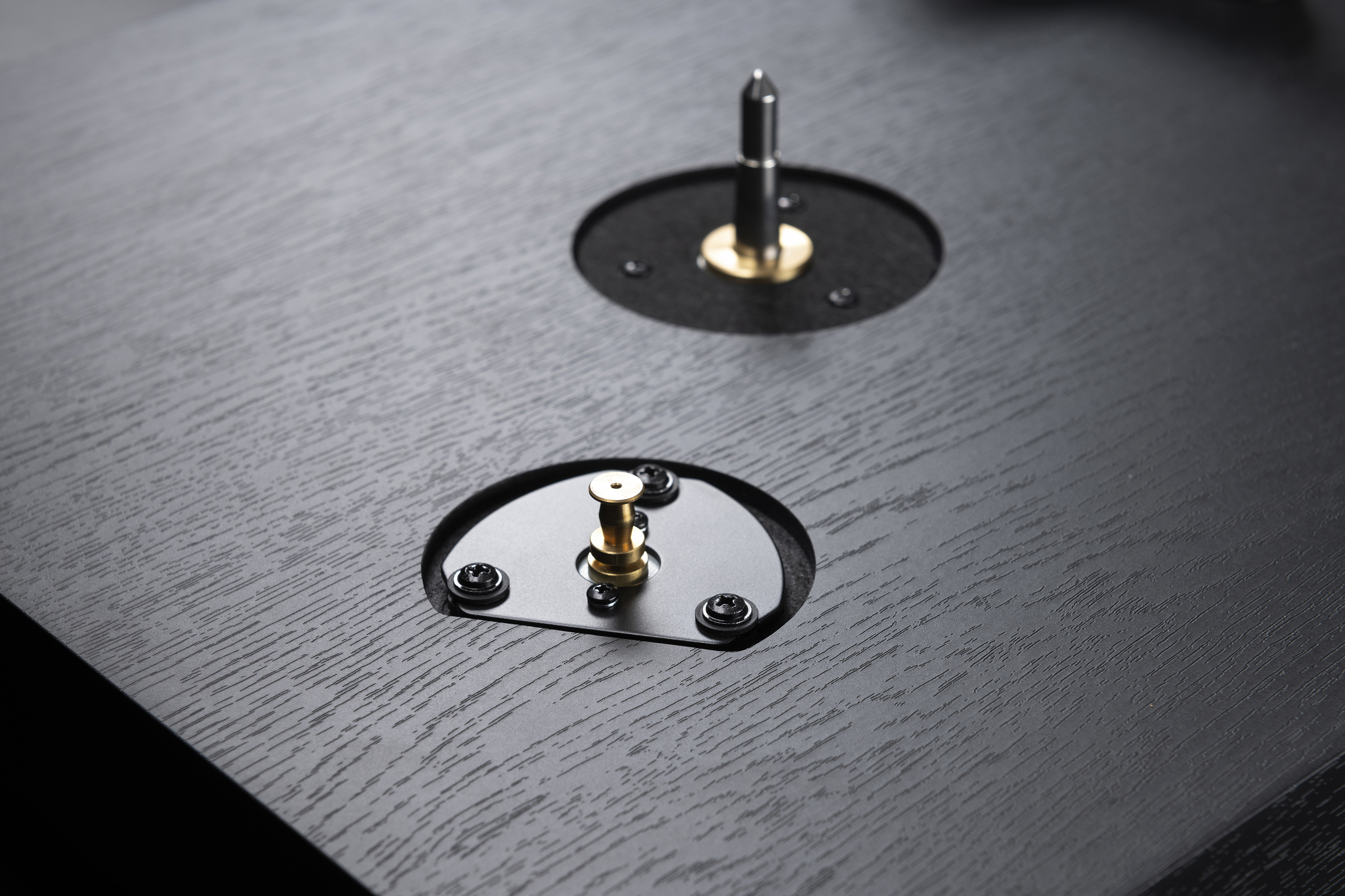Nahaufnahme eines schwarzen Plattenspieler-Sockels mit Komponenten, goldener Stecker.