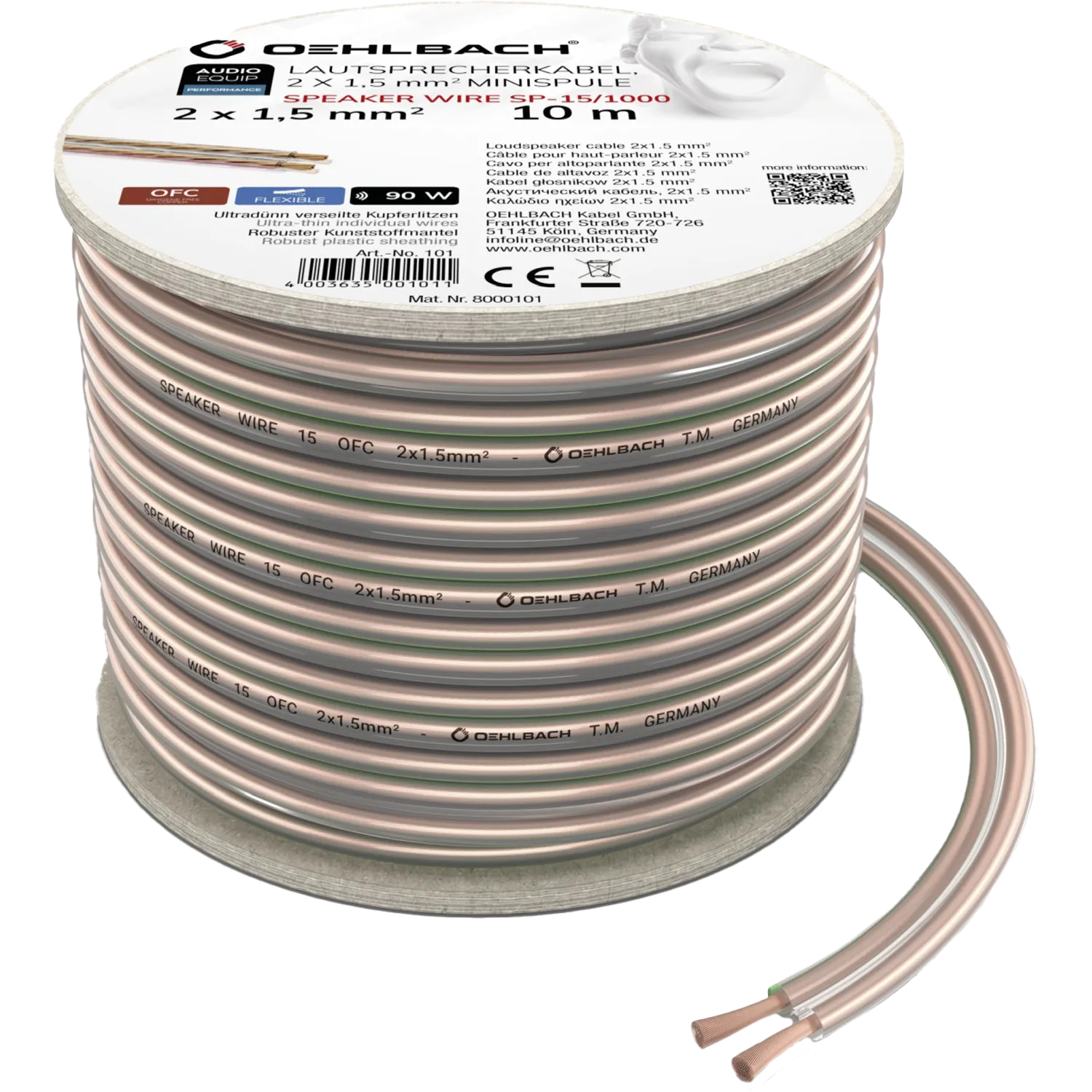 Spule mit Lautsprecherkabel mit Textetiketten. Kupferfarbenes Kabel, weißes Etikett und graue Basis.