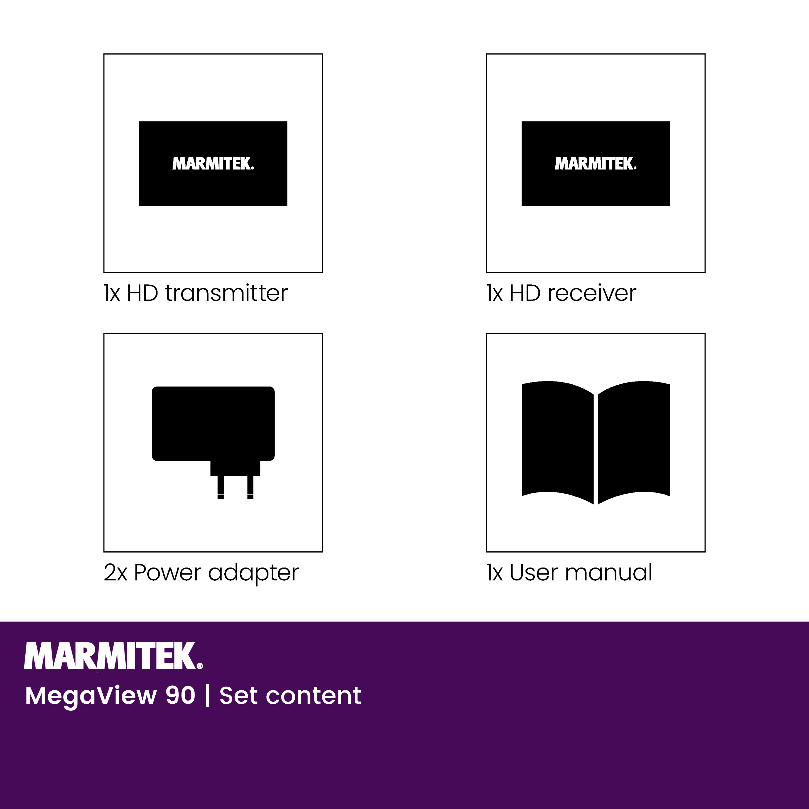 Quattro scatole con icone per trasmettitore, ricevitore, adattatori e manuale.