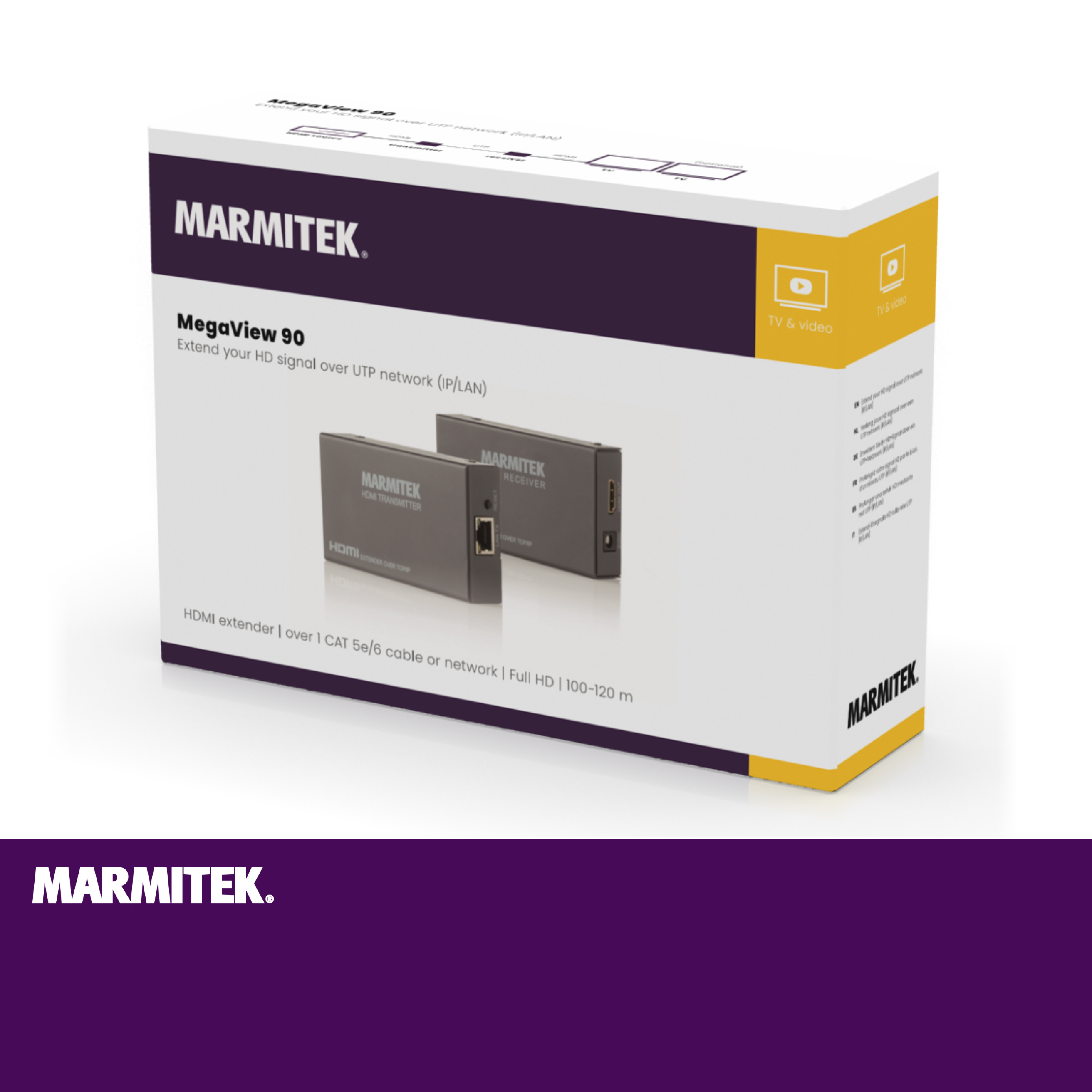 Scatola Marmitek MegaView 90 con due dispositivi, cavi e testo su sfondo bianco.