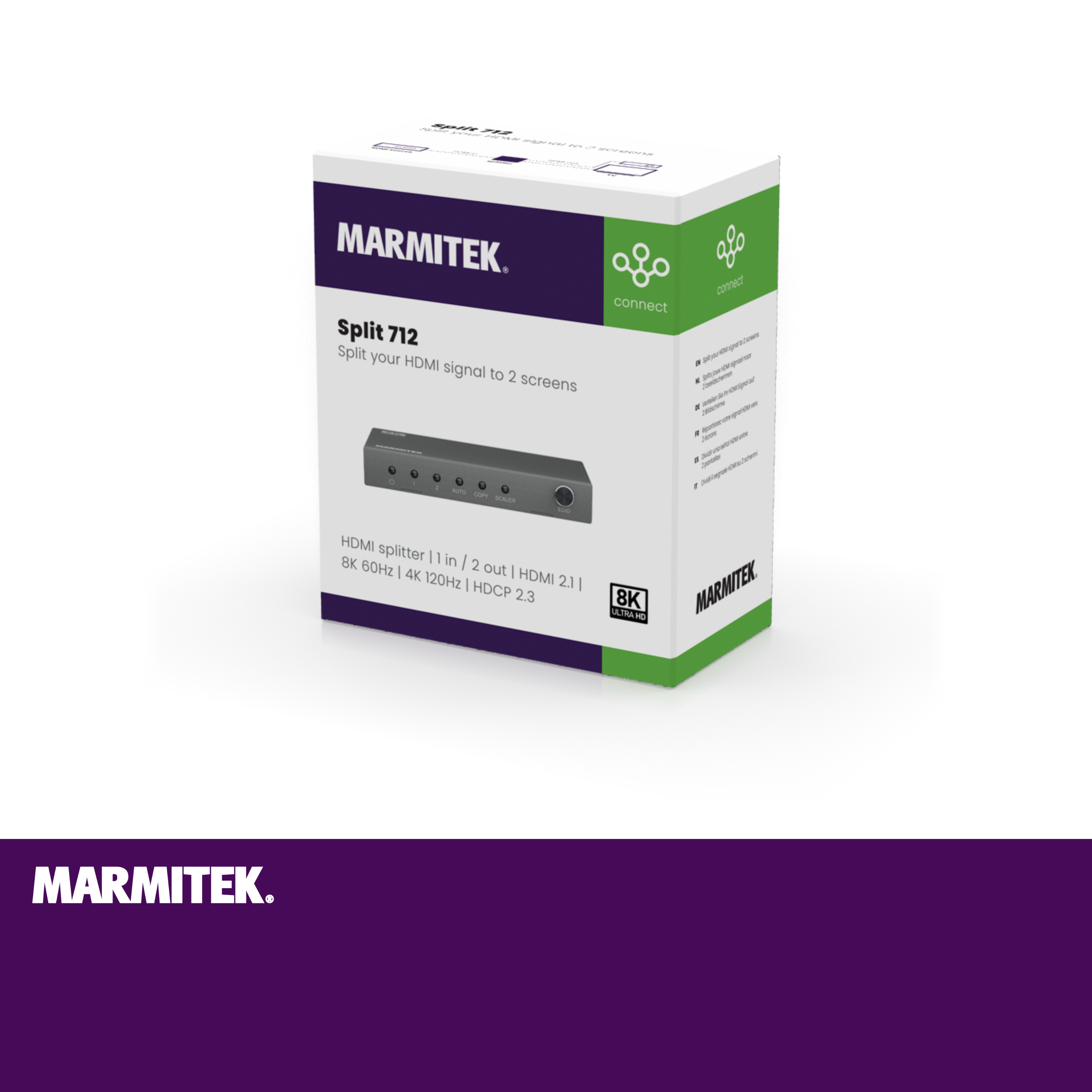 Boîte et appareil Marmitek Split 712, divisant le signal HDMI en deux écrans.