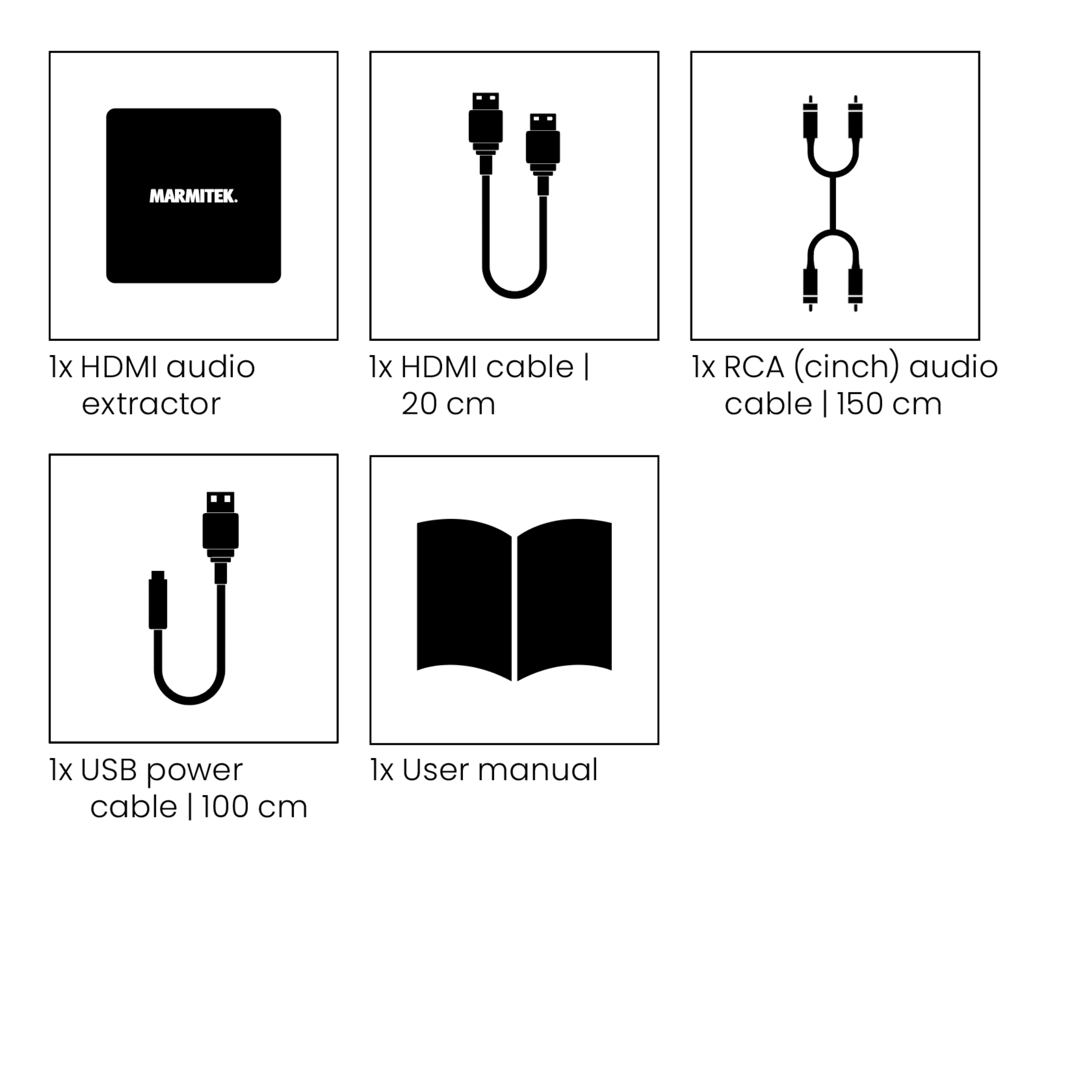 Icone di accessori audio/video: estrattore HDMI, cavo HDMI, cavo RCA, cavo USB, manuale.