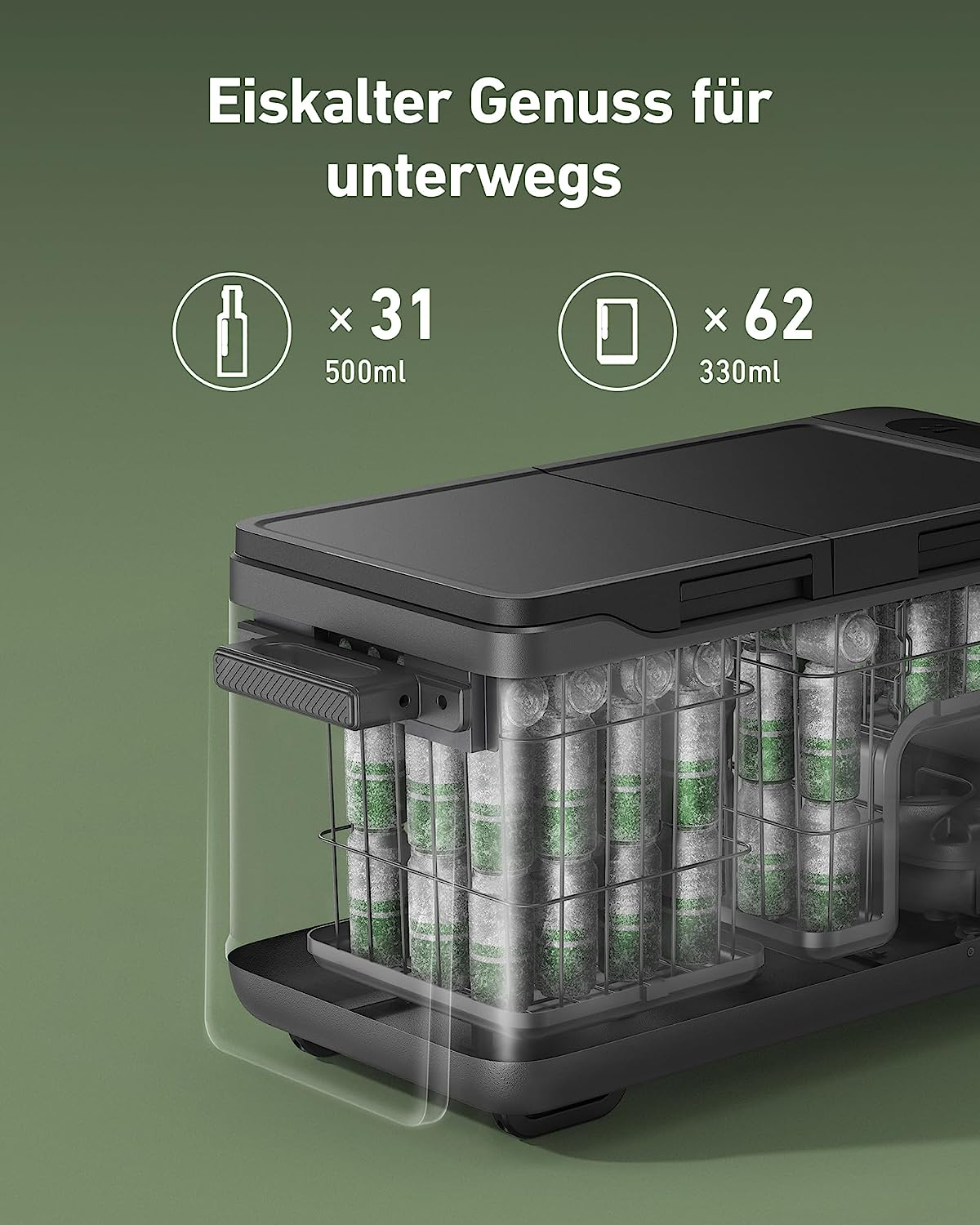 Eine tragbare Kühlbox mit Getränken, Text: 'Eiskalter Genuss für unterwegs'.