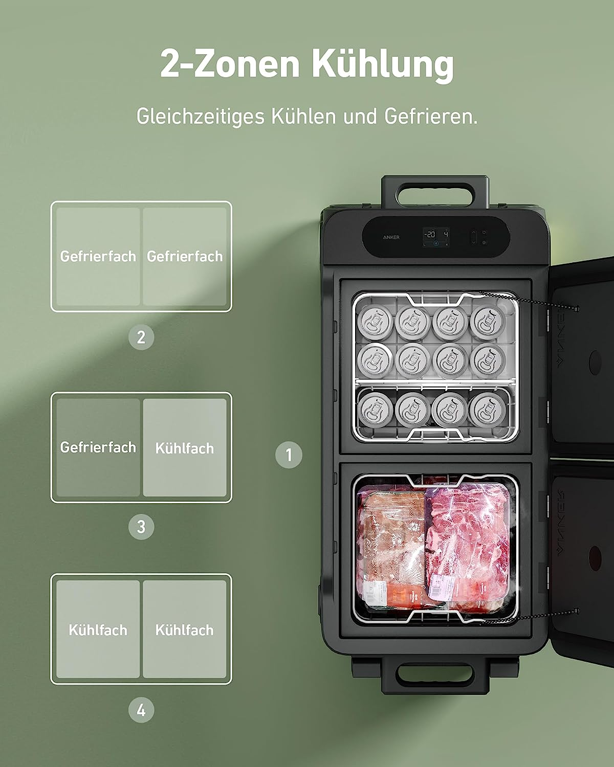 Schwarzer tragbarer Kühlschrank mit offener Tür. Enthält Getränke und Lebensmittel. Textetiketten.