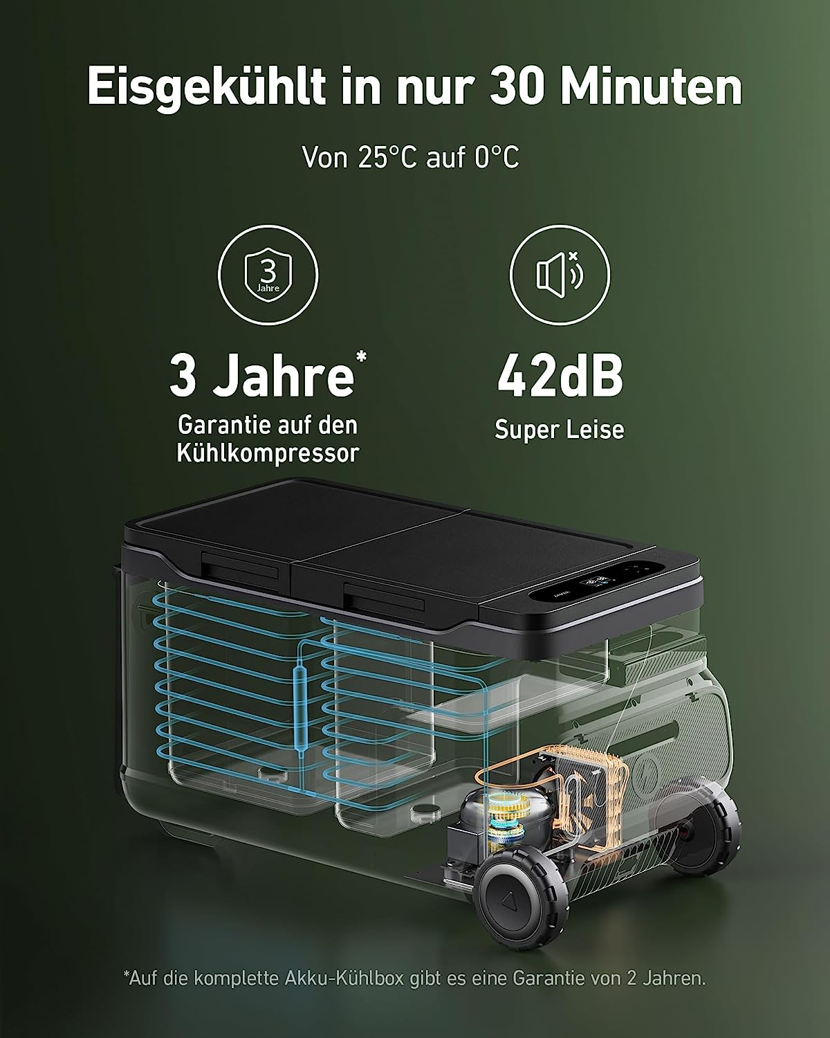 Ein schwarzer tragbarer Kühlschrank mit transparenter Seite, die interne Komponenten zeigt. Text zeigt 3 Jahre Garantie.