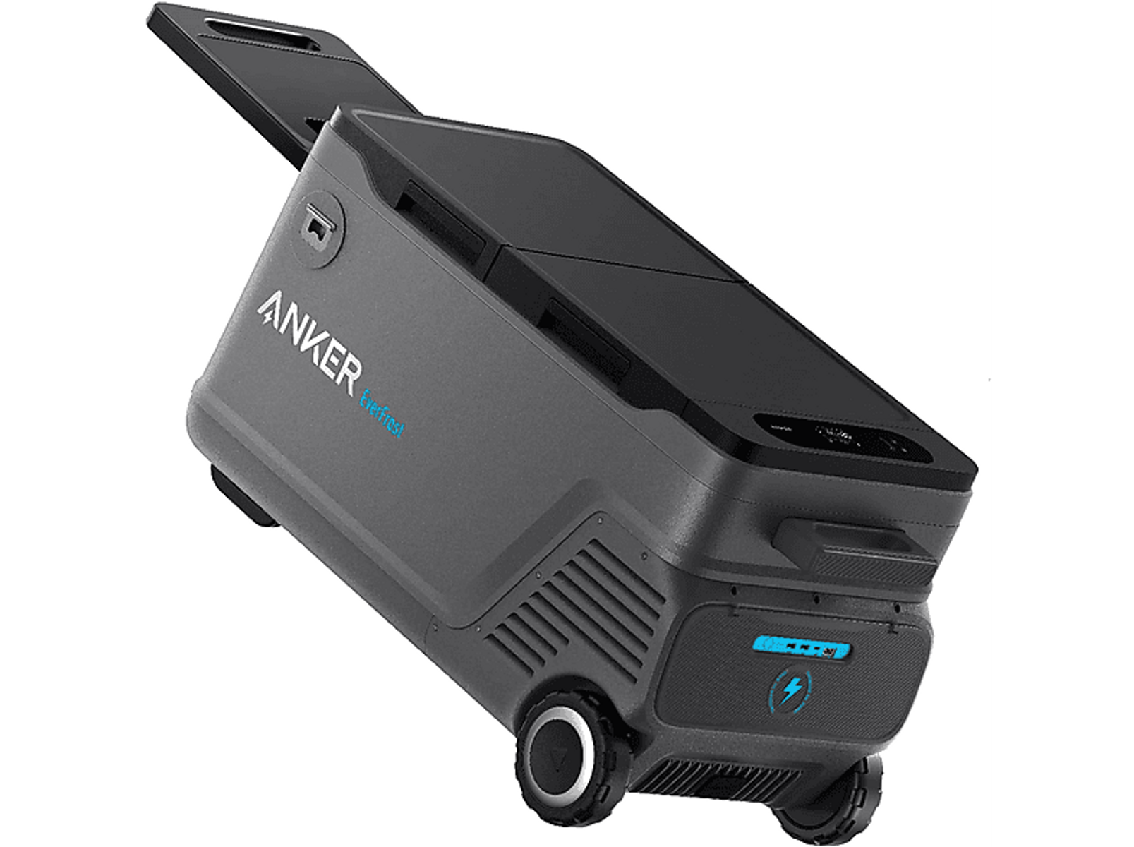 Anker Everfrost Kühler auf Rädern. Grauer Körper mit schwarzen Akzenten, Solarpanel und Digitalanzeige.