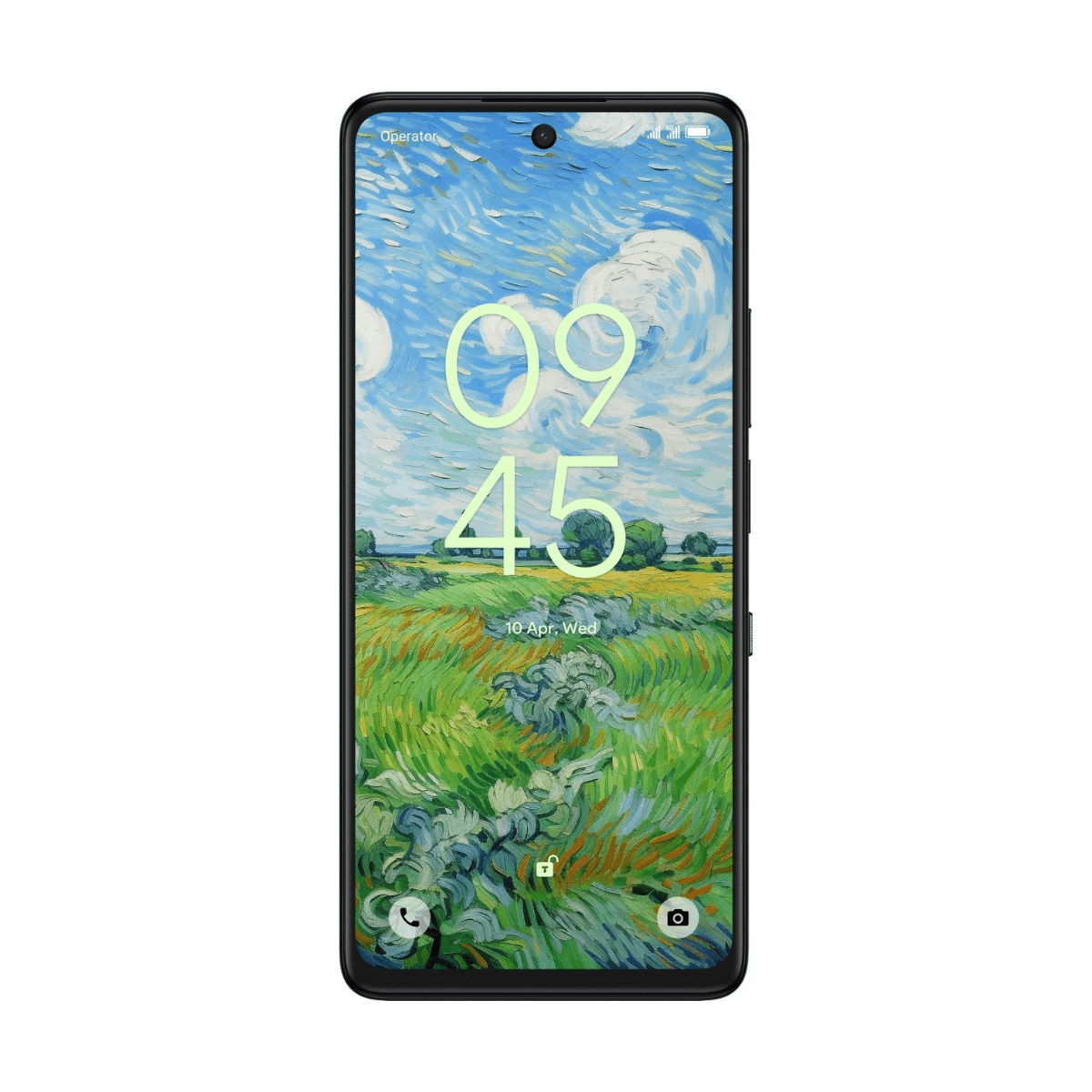 Smartfon z obrazem Van Gogha na ekranie, wyświetlający godzinę. Białe tło.