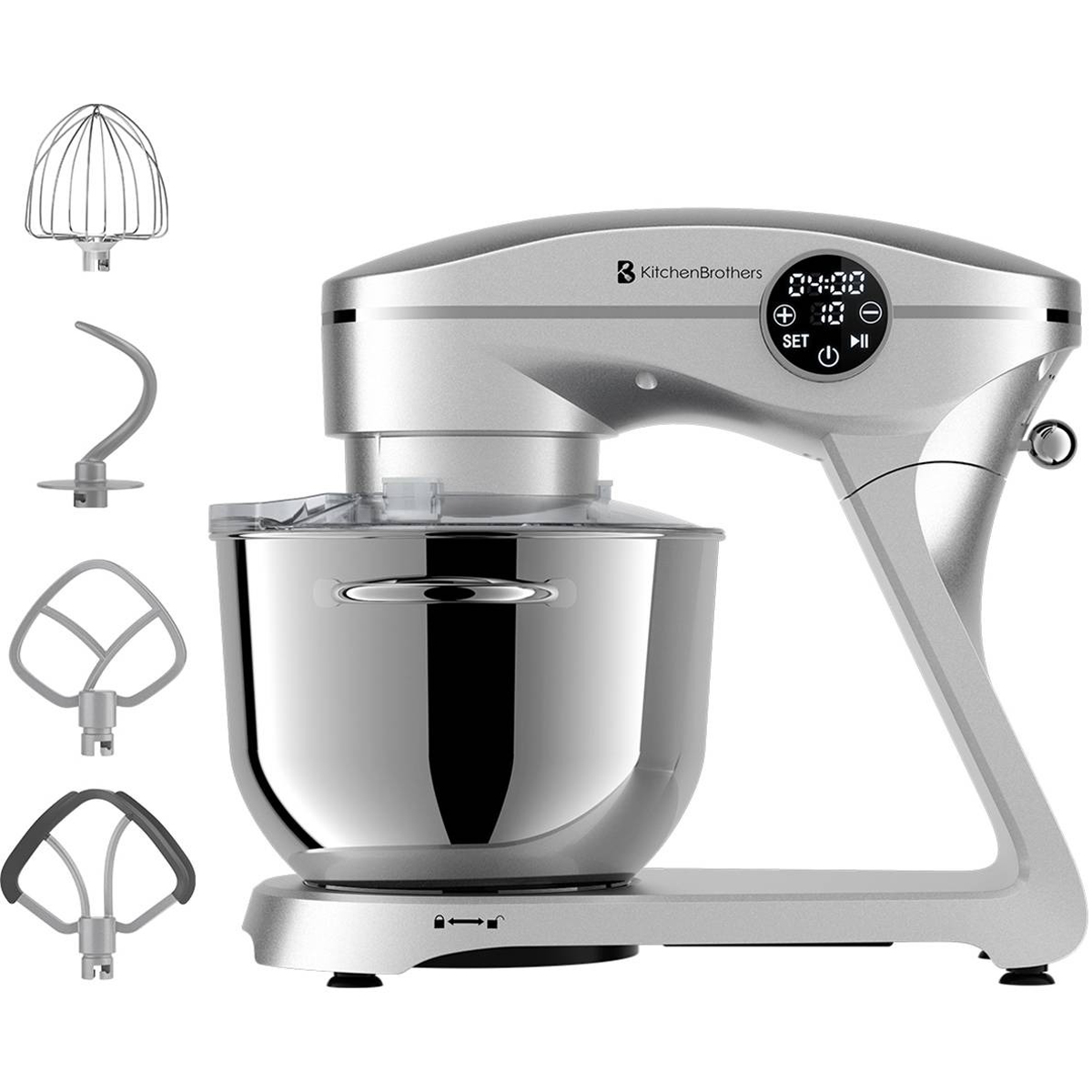 Zilveren Kitchen Brothers mixer met accessoires. Een digitaal display toont de timer en instellingen.