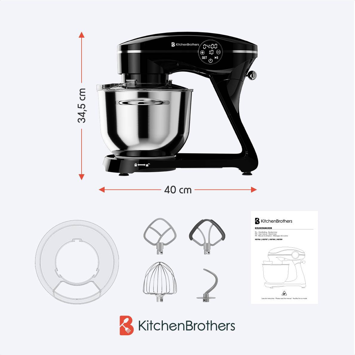 Black stand mixer with dimensions and accessories. Includes whisks, bowl cover, and instruction manual.