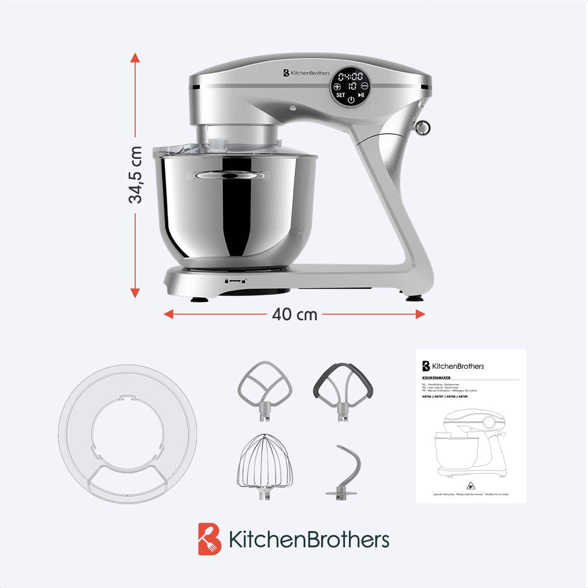 Zilveren keukenmachine met hulpstukken, accessoires en een handleiding. Witte achtergrond.