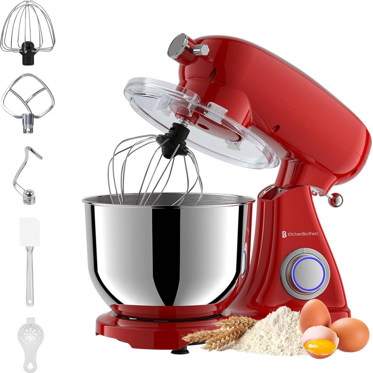 Rode KitchenBrothers mixer met accessoires, bloem en eieren in de buurt.
