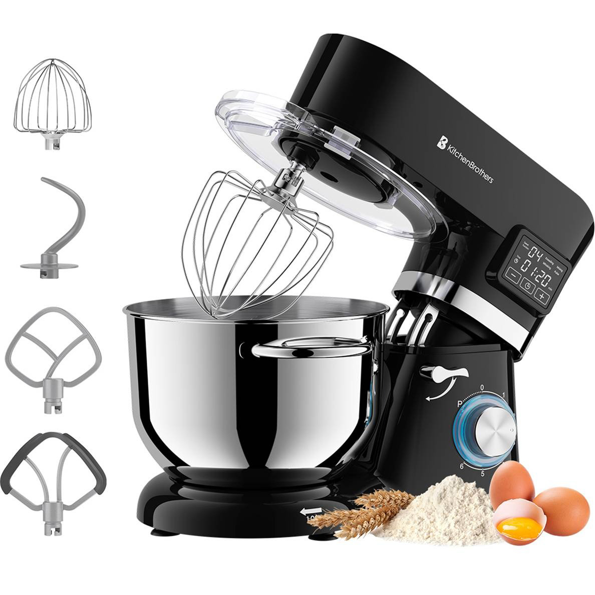 Zwarte KitchenBrothers keukenmixer met opzetstukken, kom en ingrediënten: bloem, eieren.