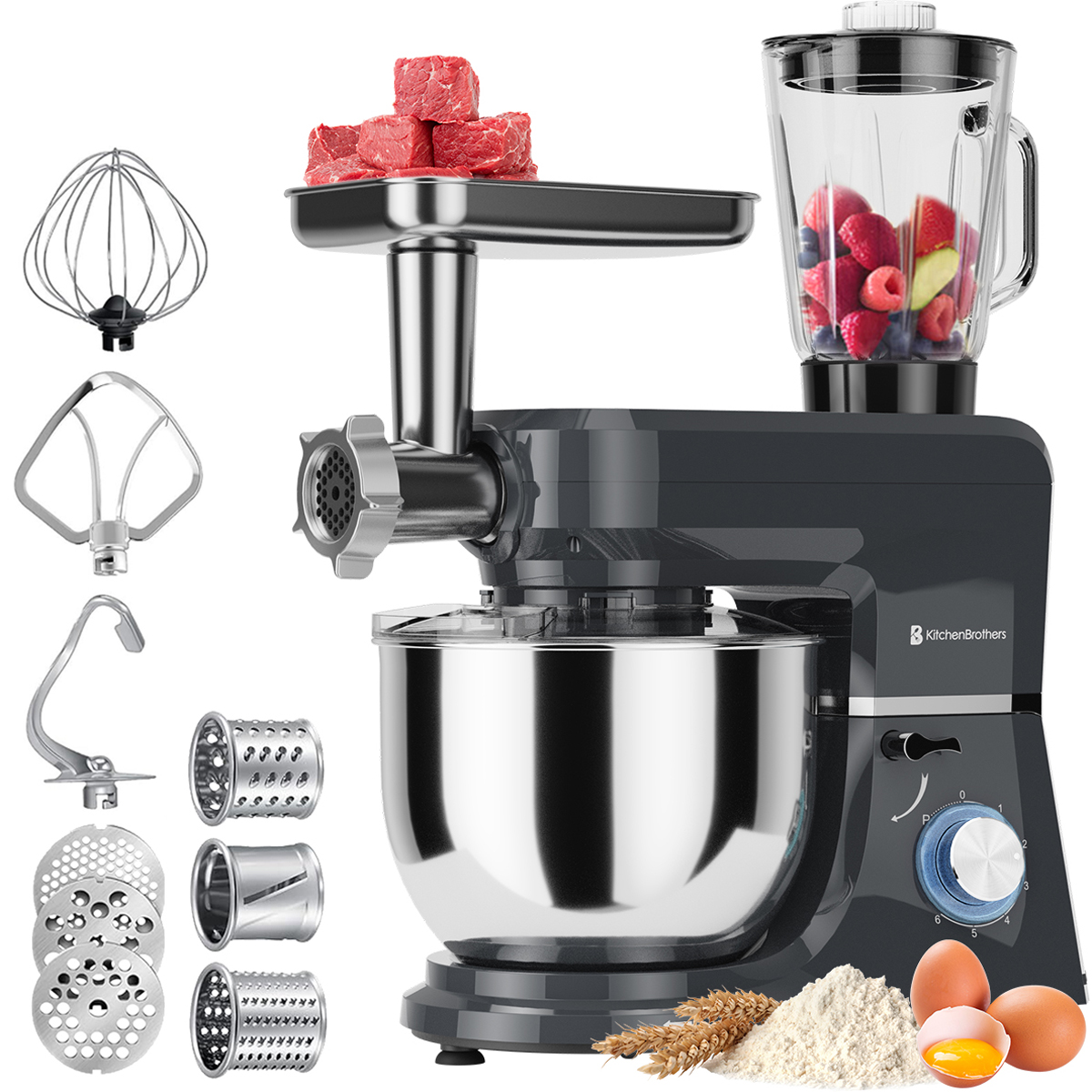 Batteur sur socle noir avec accessoires, dont un blender et un hachoir à viande. Ingrédients présents.