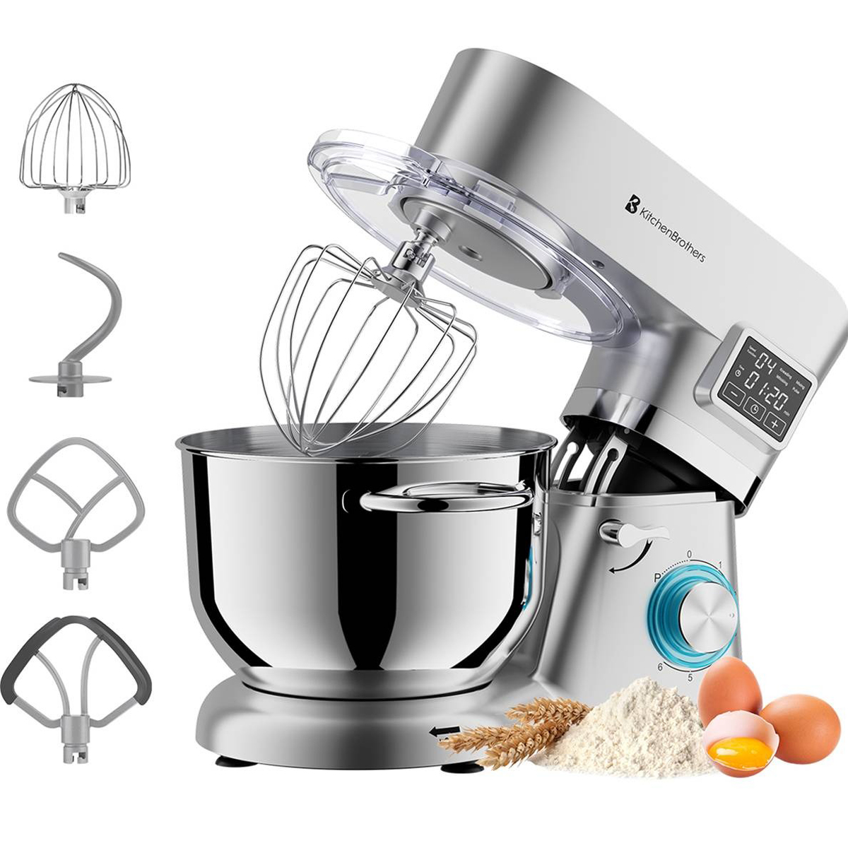 Zilveren KitchenBrothers keukenmixer met opzetstukken, kom en ingrediënten: bloem, eieren.