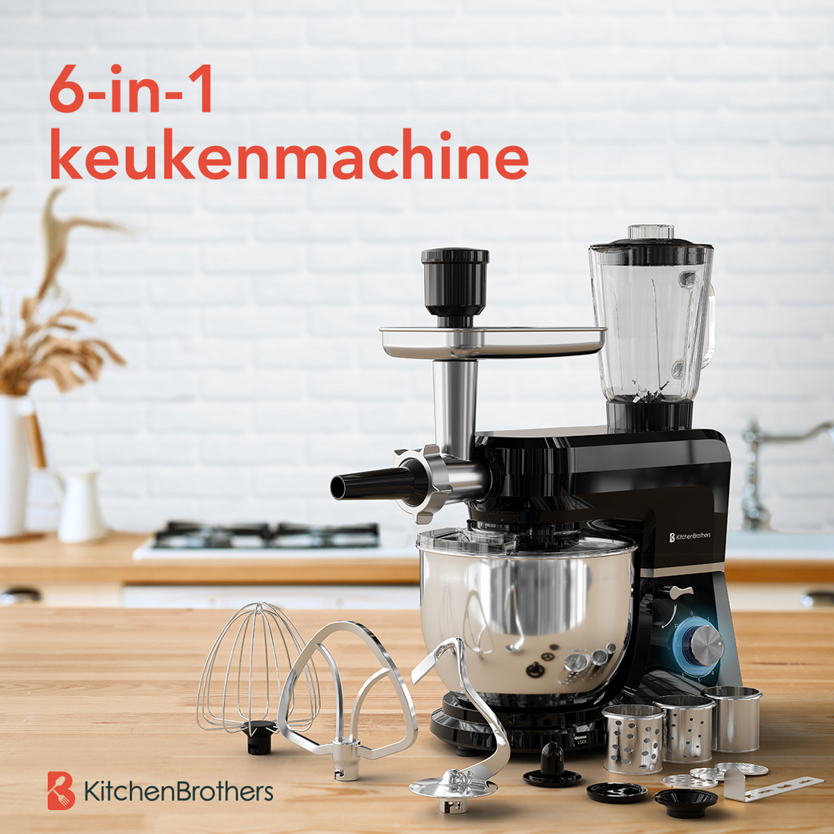 Un robot de cuisine noir 6-en-1 avec plusieurs accessoires et un plan de travail en bois.