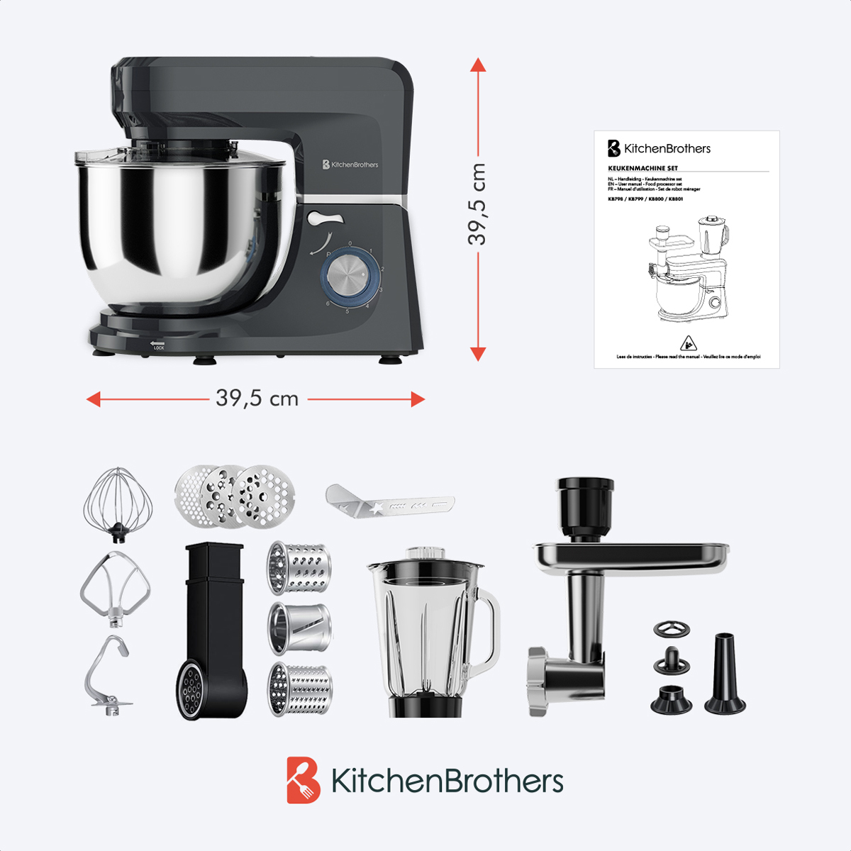 Stand mixer with attachments, accessories, and a blender. White background.