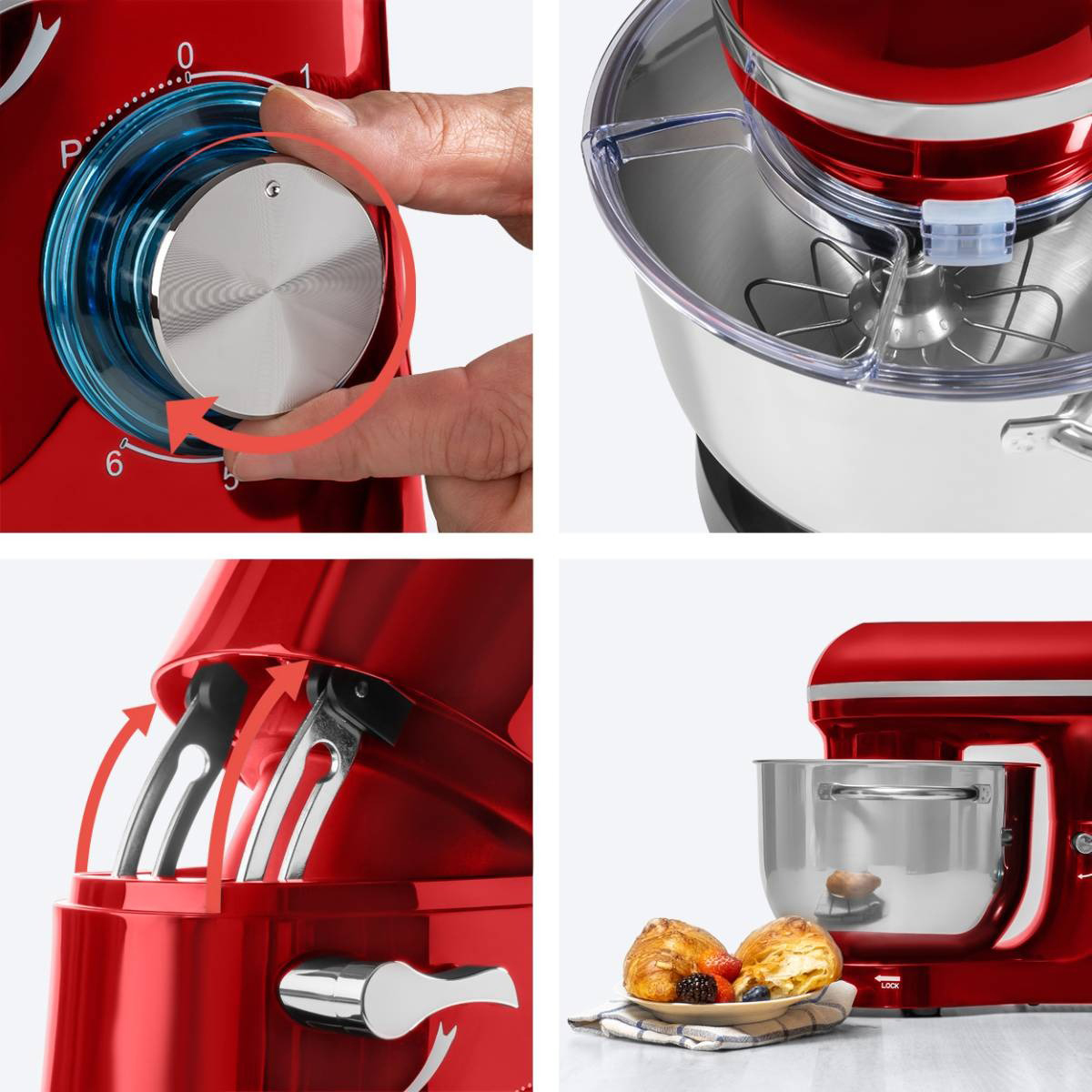 Gros plans sur un robot de cuisine rouge, y compris les commandes, les accessoires et le bol mélangeur.