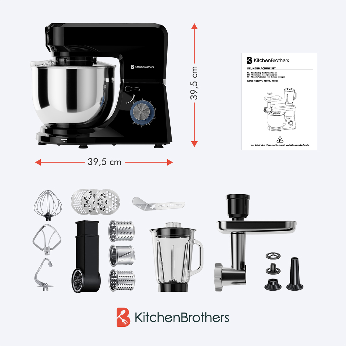 Zwarte keukenmachine met afmetingen. Accessoires, een blender en de handleiding worden getoond.