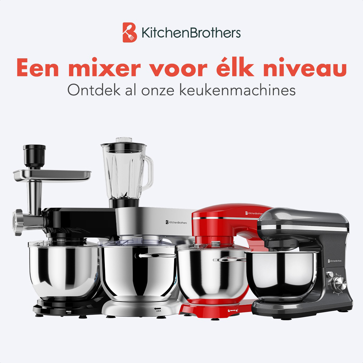 Various Kitchen Brothers mixers are displayed, showcasing different colors and designs.