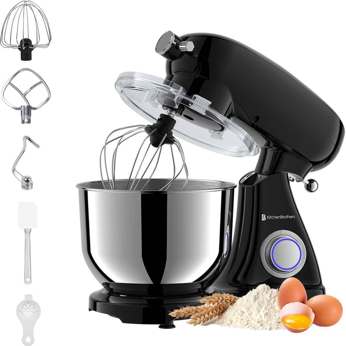 Zwarte KitchenBrothers keukenmixer met opzetstukken, kom, bloem, eieren en een spatel.