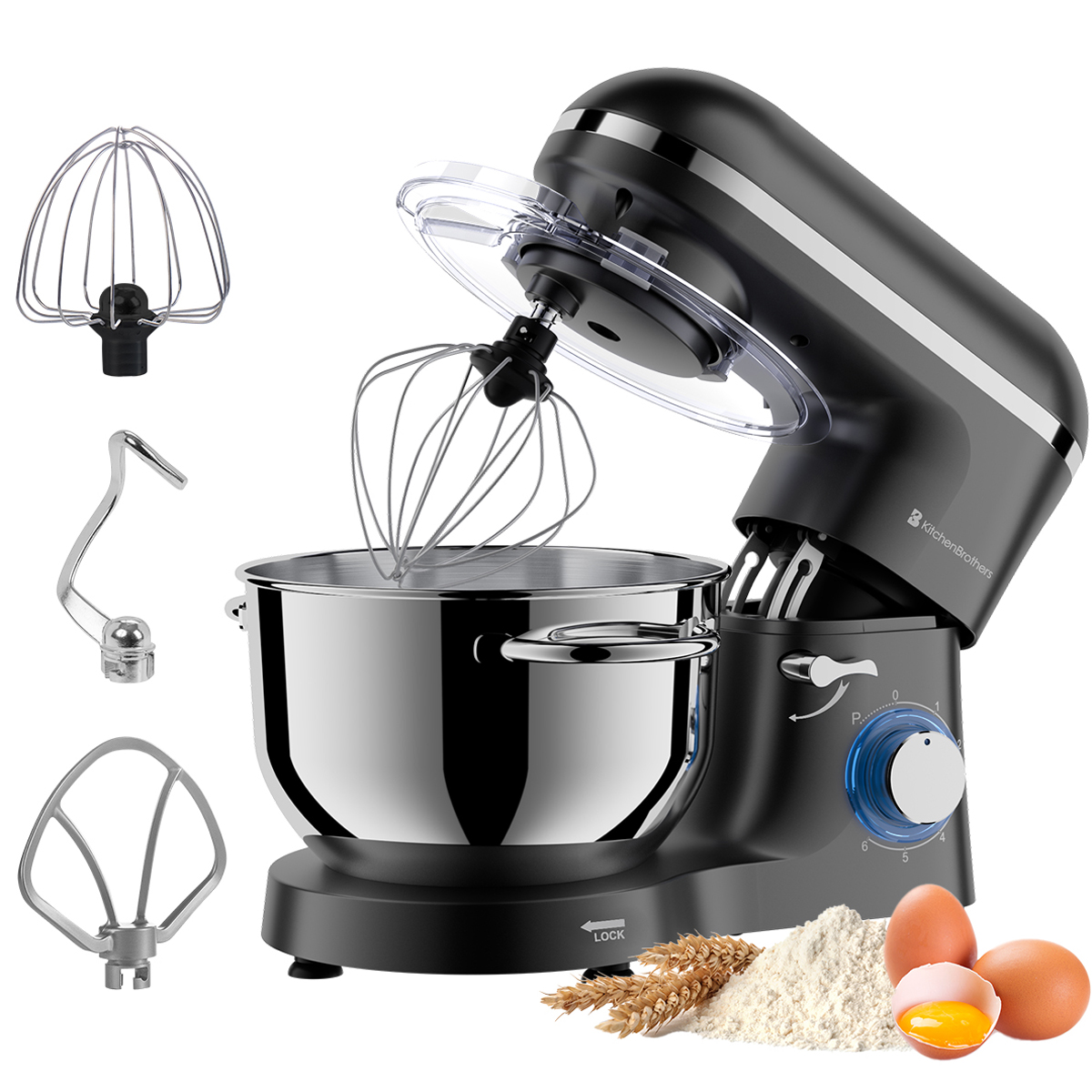 Un mixeur Kitchen Brothers noir avec accessoires, œufs, farine et blé. Le fouet est dans le bol.
