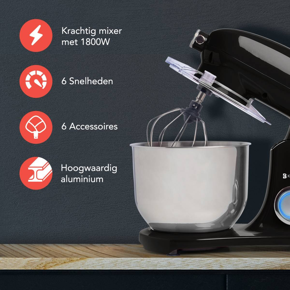 Zwarte keukenmixer met iconen voor vermogen, snelheden en accessoires.