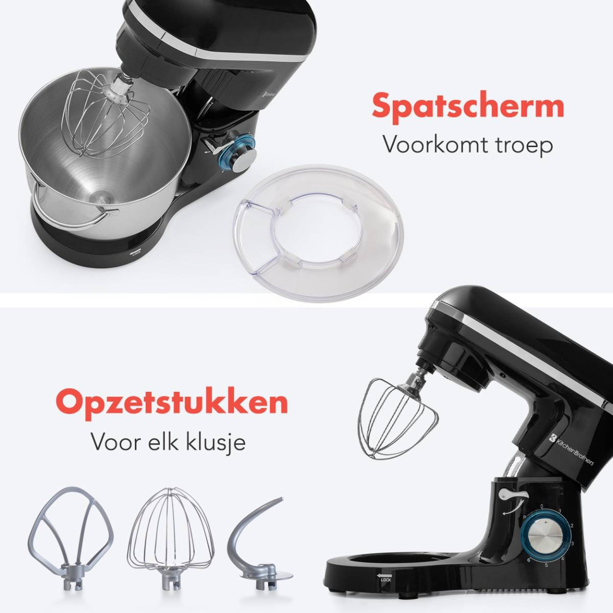 Twee afbeeldingen van een zwarte keukenmixer met accessoires. Tekst: Voor elke klus.