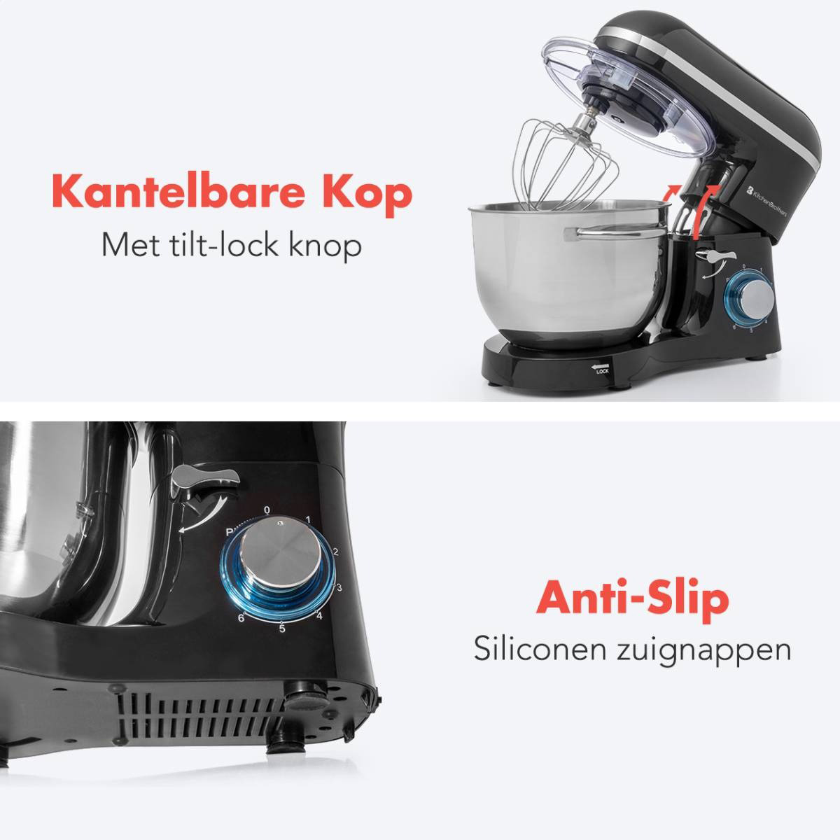 Robot de cuisine noir avec tête inclinable et bol. Affiche le cadran et les ventouses antidérapantes.