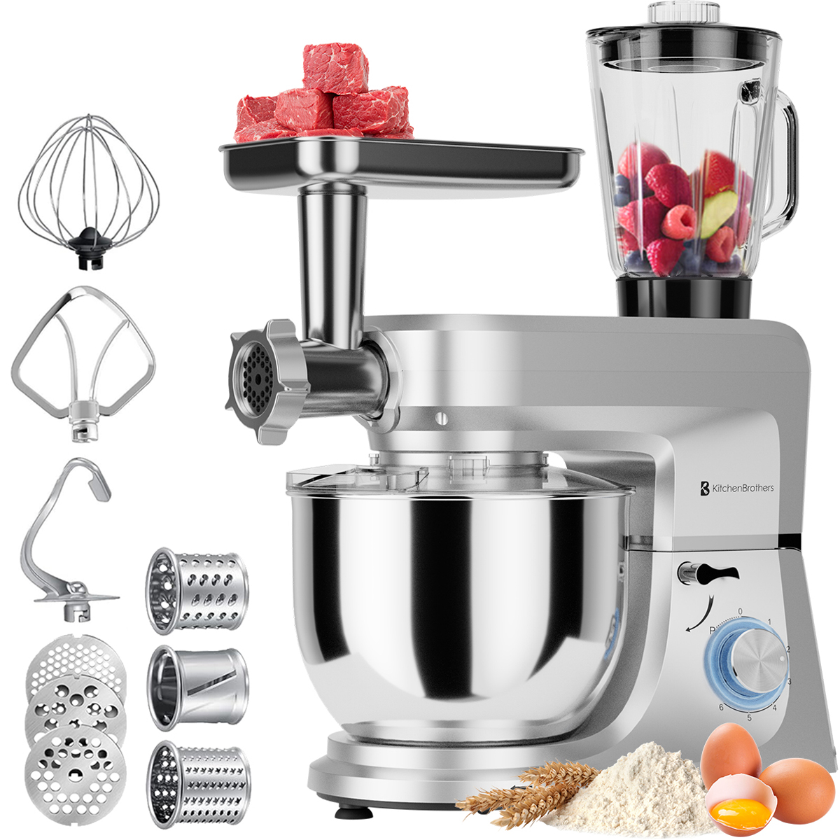 Zilveren keukenmachine met opzetstukken, waaronder een blender, vleesmolen en diverse messen. Ingrediënten.