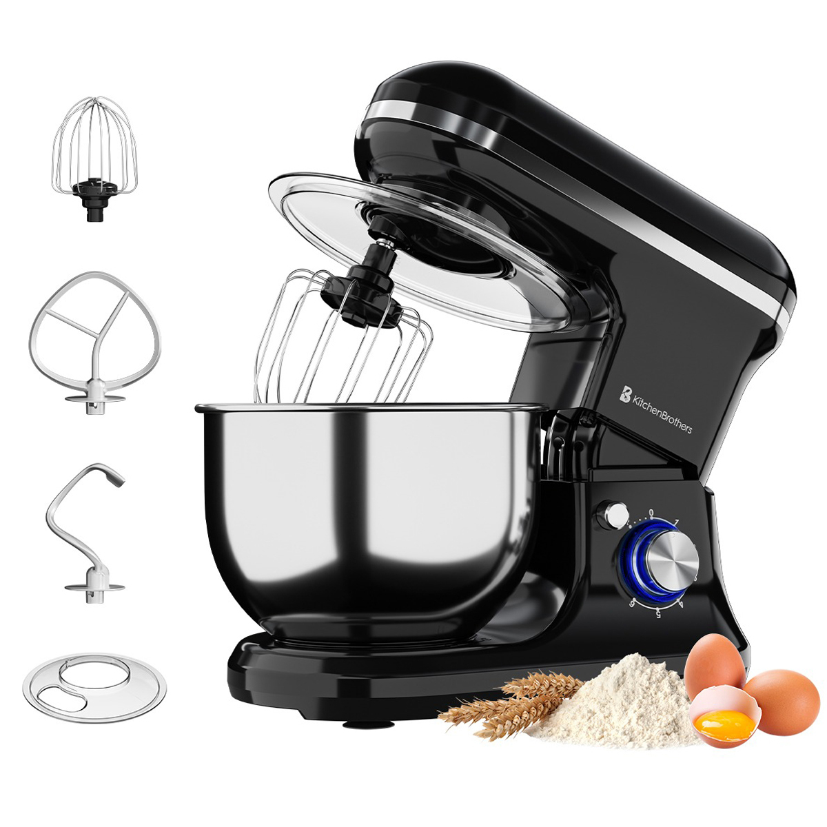 Zwarte keukenmixer met hulpstukken, kom, ingrediënten zoals eieren, bloem en tarwe.