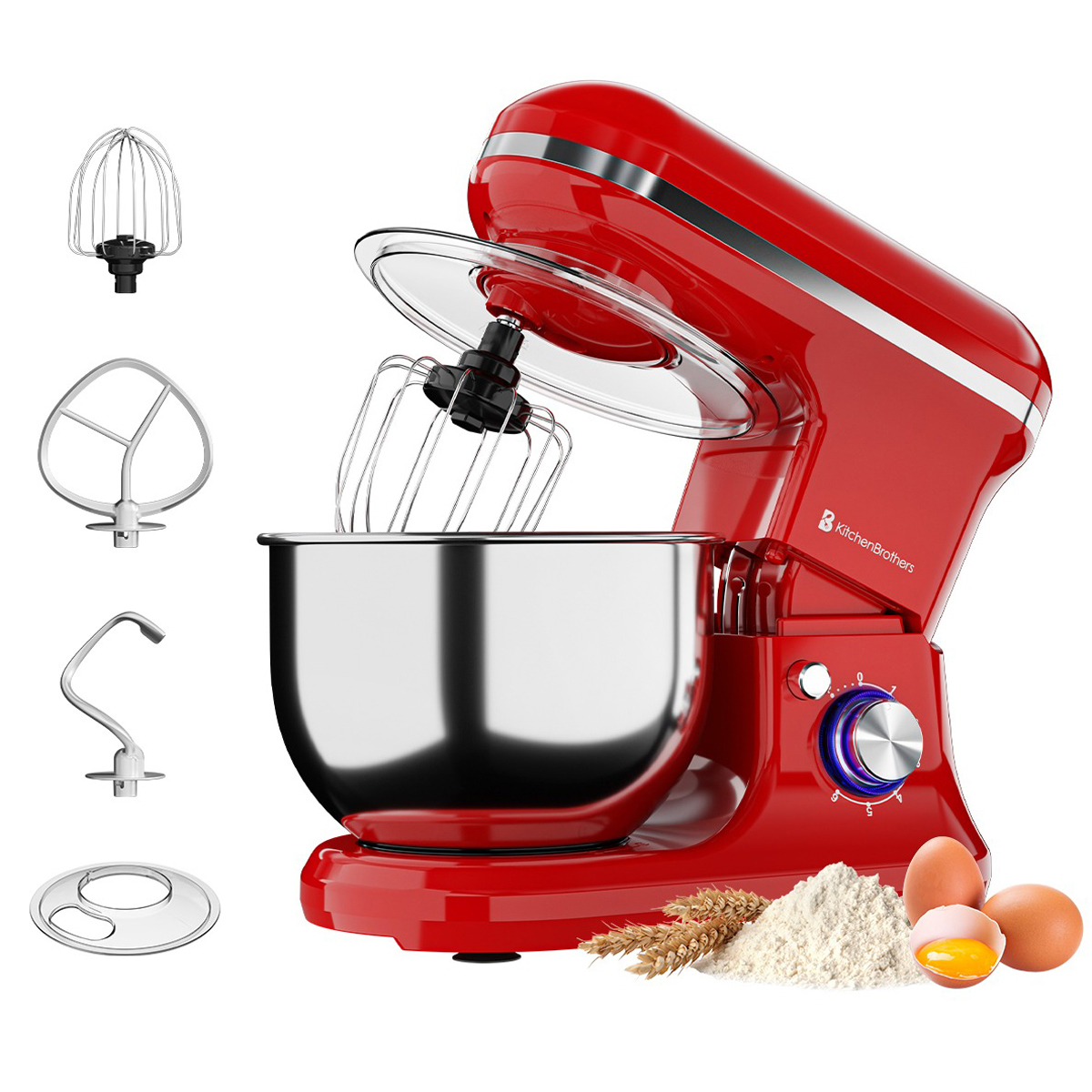 Rode keukenmixer met opzetstukken, kom, bloem, eieren. KitchenBrothers merk.