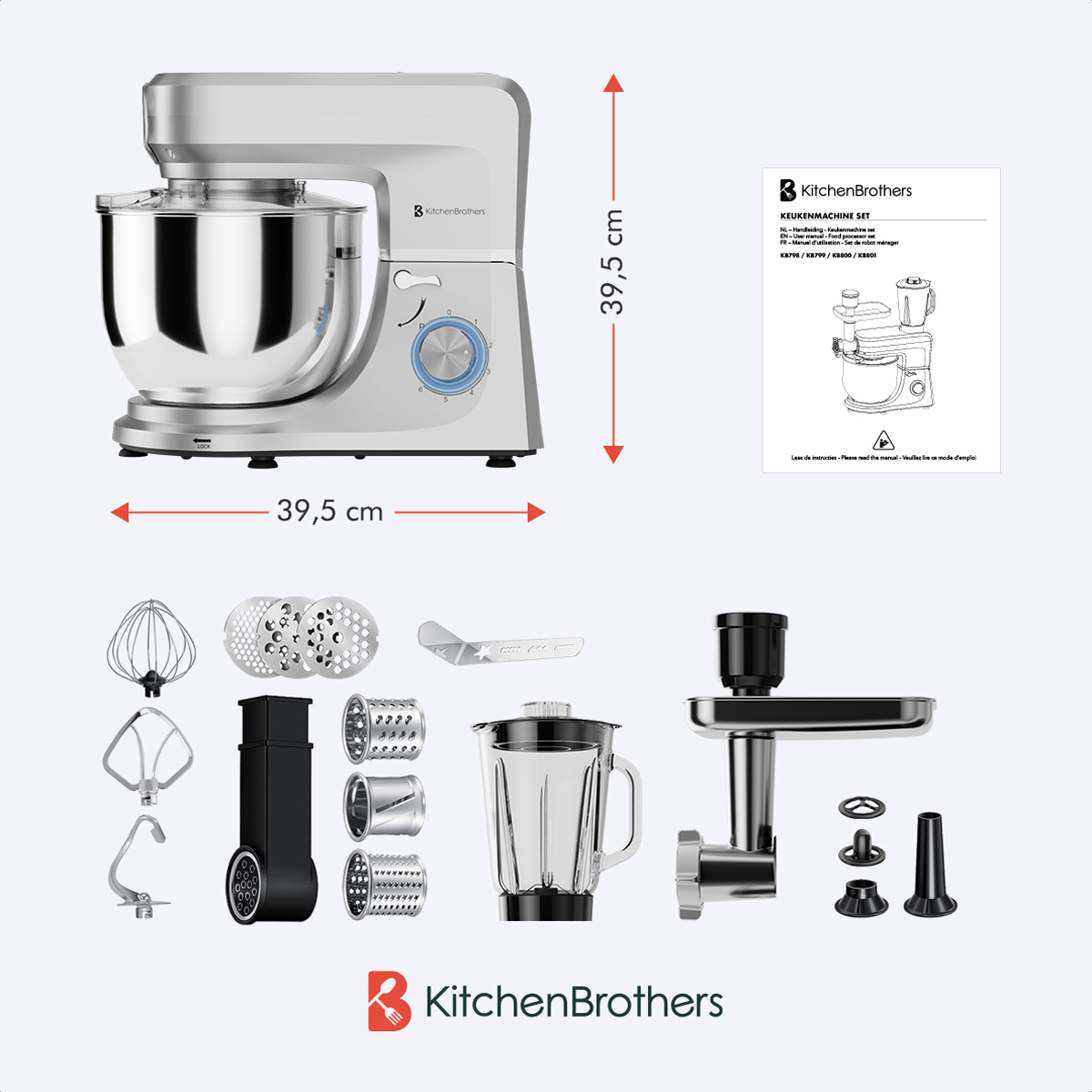 Een keukenmachine met accessoires naast de afmetingen en de handleiding.