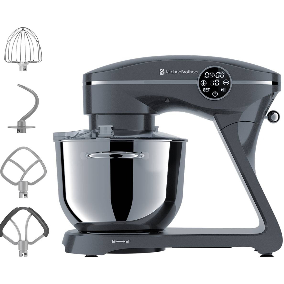 Un batteur sur socle gris KitchenBrothers avec accessoires. Un affichage numérique en haut.