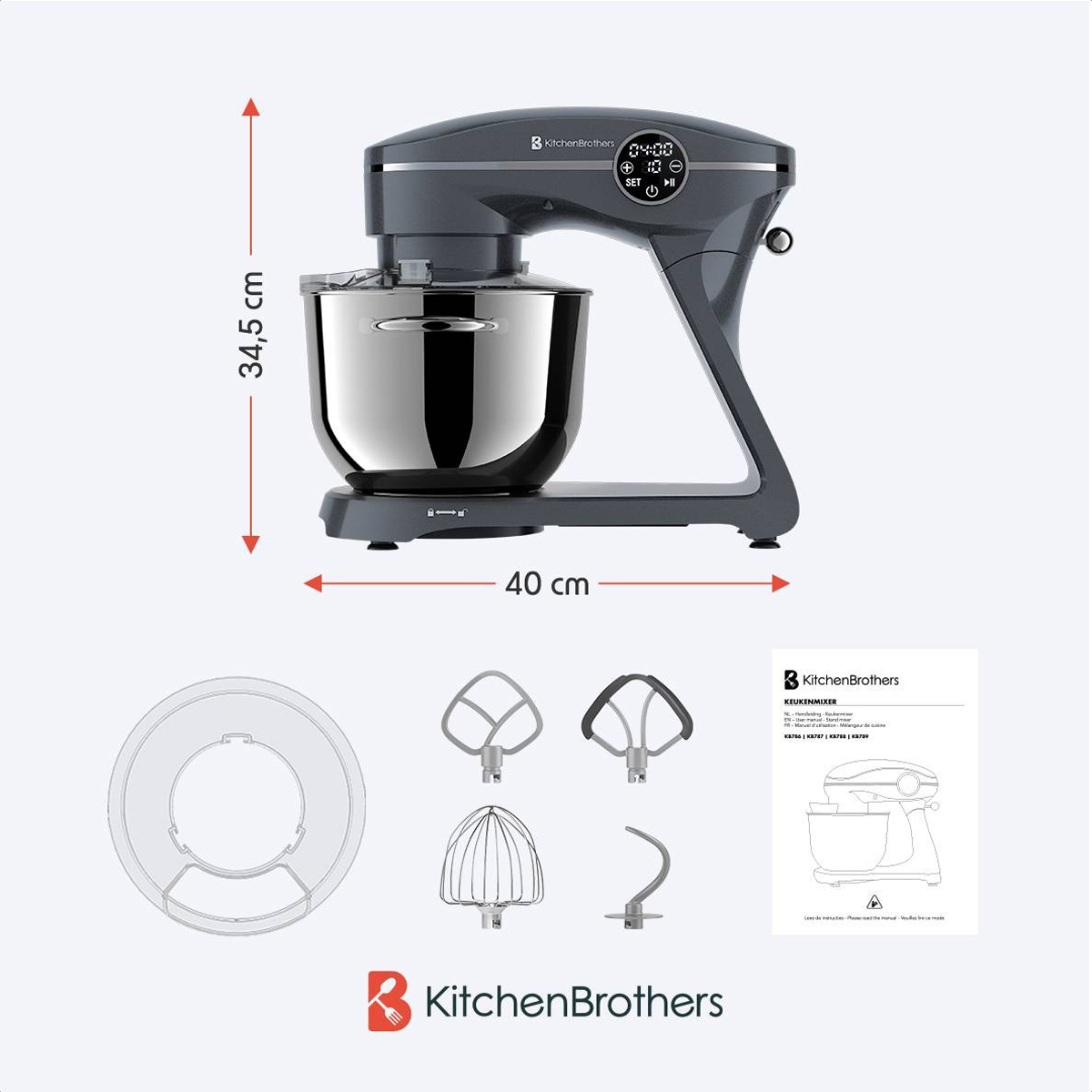 KitchenBrothers stand mixer with dimensions and accessories shown on a white background.