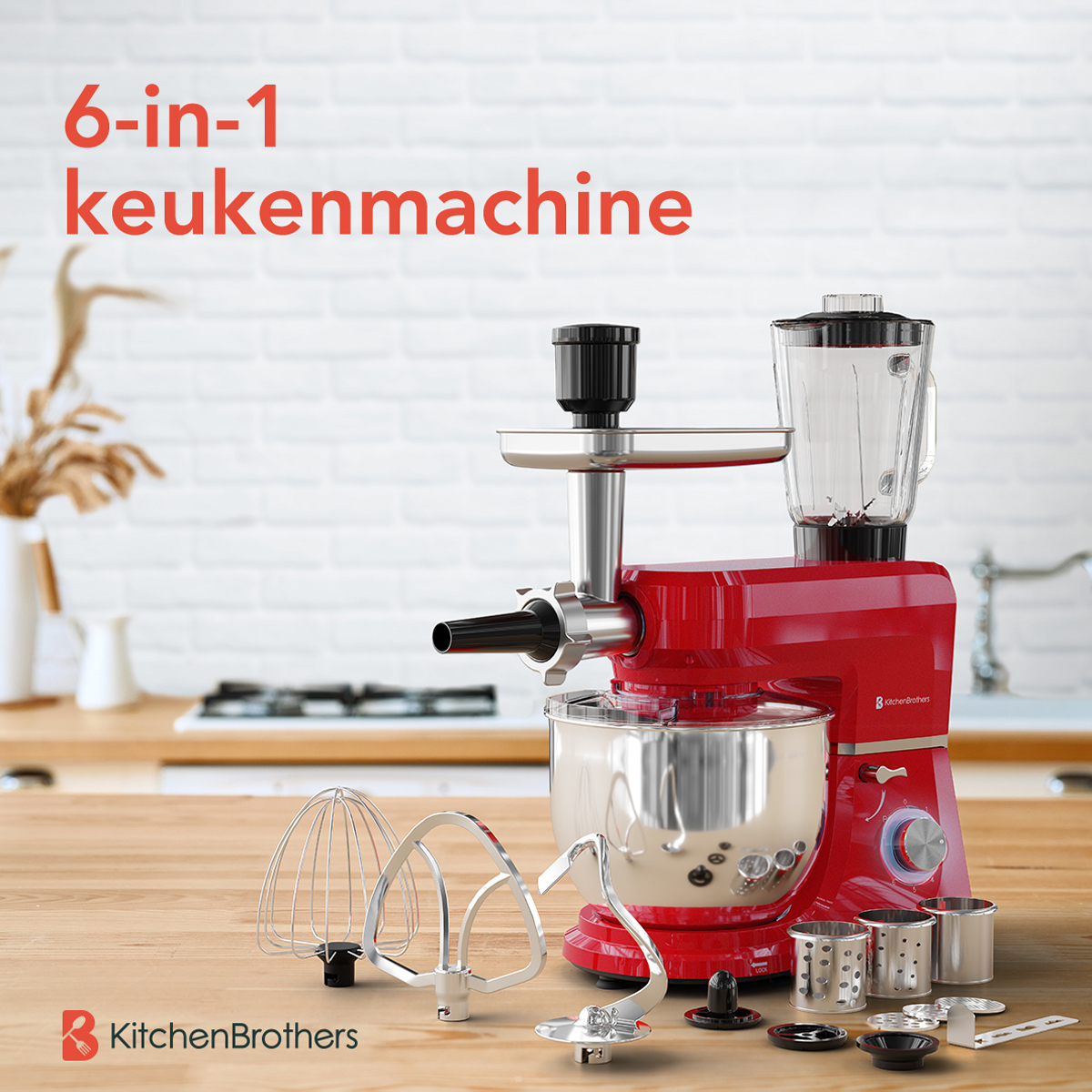 Rode keukenmachine met meerdere opzetstukken en ingrediënten. Toont een blender, grinder en menggereedschap.