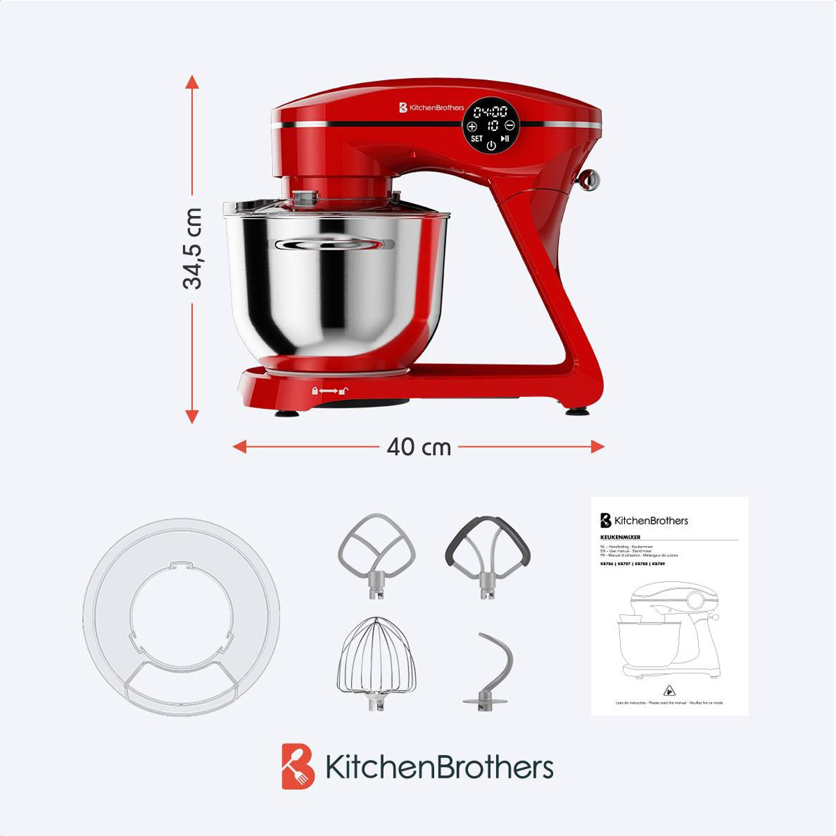 A red Kitchen Brothers mixer with dimensions and attachments shown next to it. A manual is present.