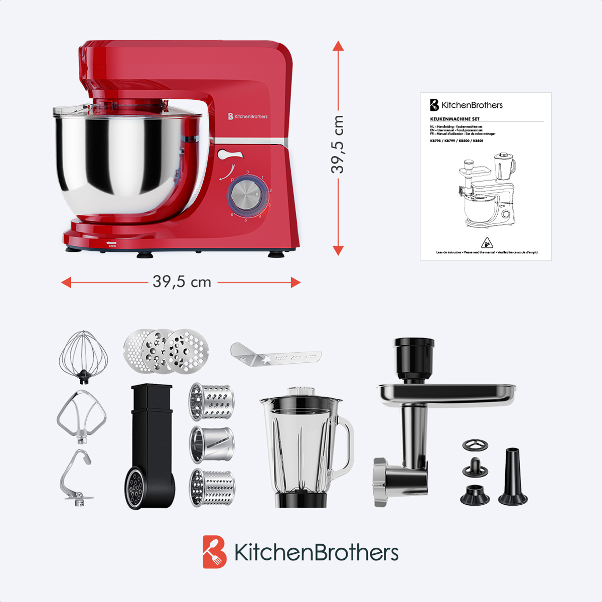 Een rode keukenmixer set met afmetingen en hulpstukken. Inclusief messen en een blenderdeel.