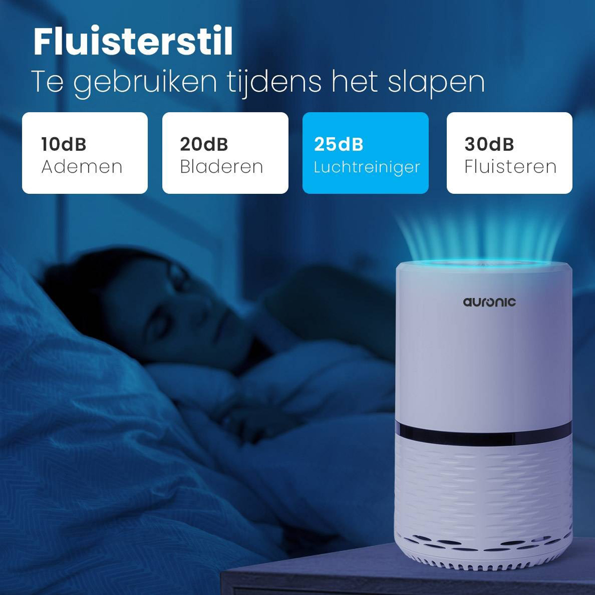 Air purifier with a sleeping woman in the background. It shows the decibel levels for different sounds.