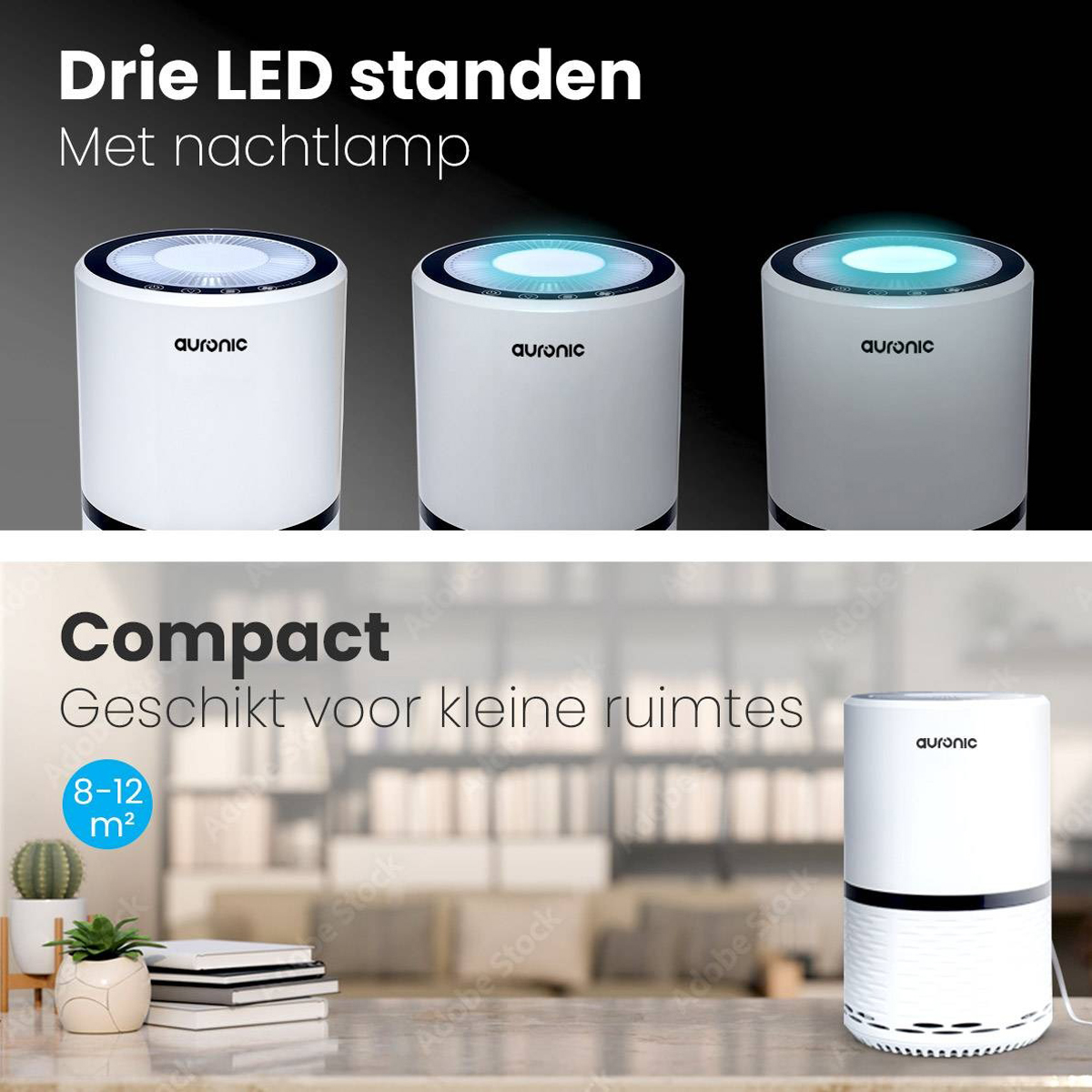 Three white air purifiers with different colored lights. The image also includes text about compact design.