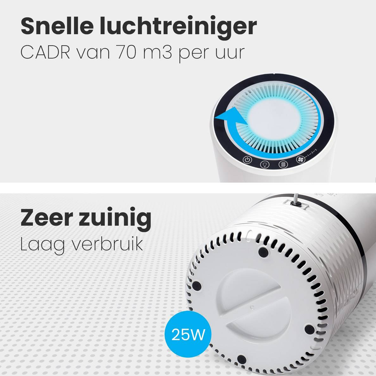 An air purifier showing the top and bottom, with text about air quality.