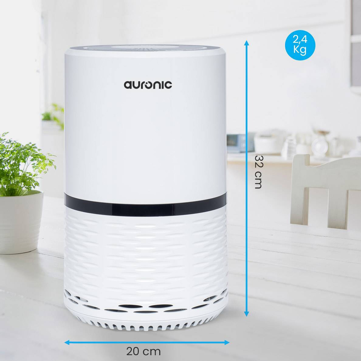White air purifier with dimensions and weight details on a table.