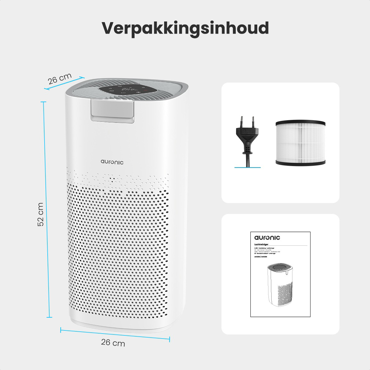 Weißer Luftreiniger mit Abmessungen. Enthält Stecker, Filter und Handbuch.