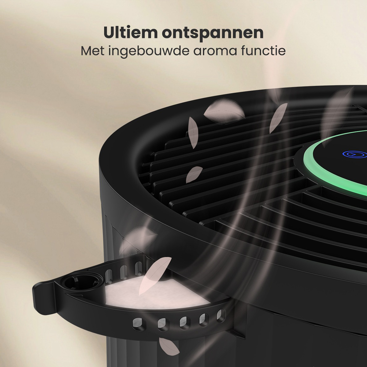 Black air purifier with aroma function, white particles floating. Text: Ultiem ontspannen.